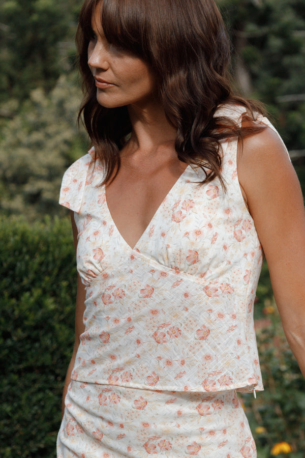 TOPS Kedra Tie Shoulder Top - Peach Ditsy Floral