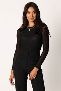 TOPS @Kellie Mesh Long Sleeve Bodysuit - Black