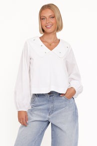 TOPS Kenna Embroidered Long Sleeve Top - White Floral
