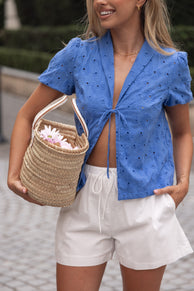 TOPS Ksenia Embroidered Tie Top - Cobalt