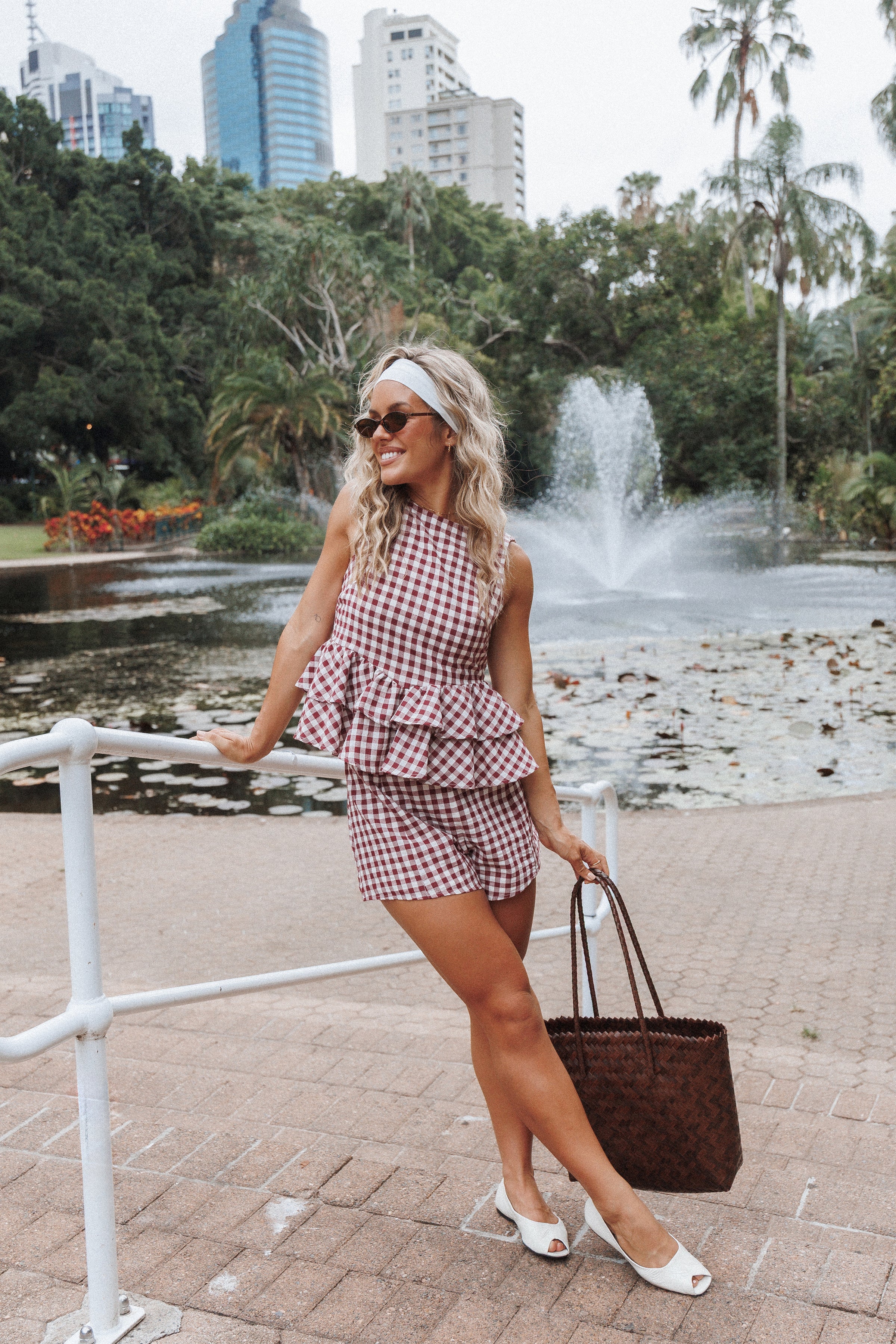 TOPS Landon Tiered Peplum Top - Burgundy Gingham