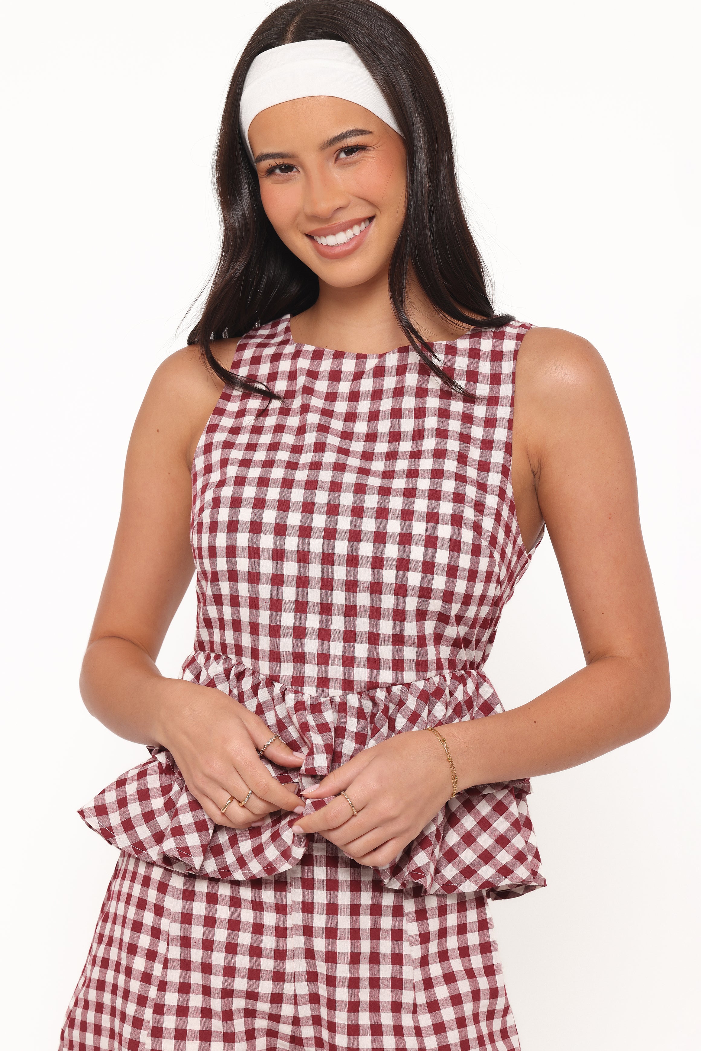 TOPS Landon Tiered Peplum Top - Burgundy Gingham