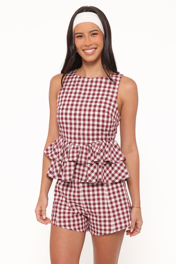 TOPS Landon Tiered Peplum Top - Burgundy Gingham