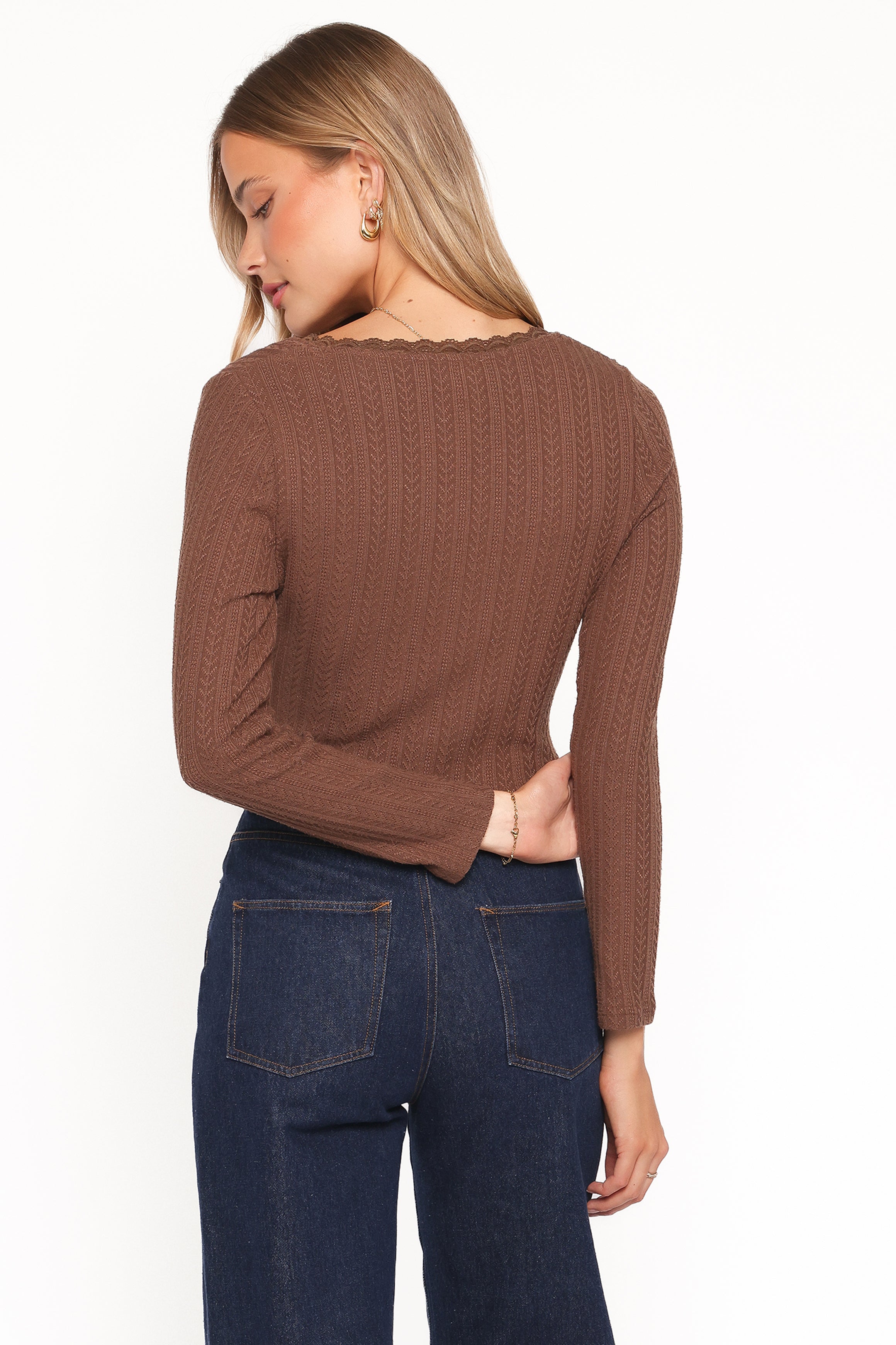 TOPS Leslie Long Sleeve Textured Button Front Top - Chocolate