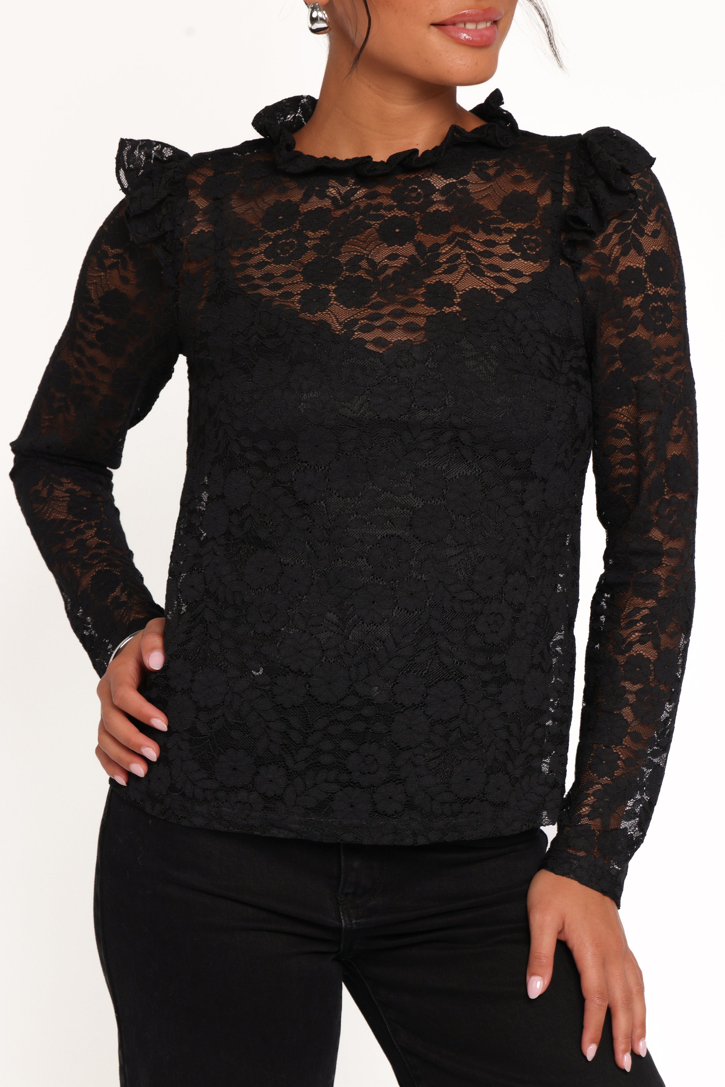 TOPS Lettie Lace Ruffle Top - Black