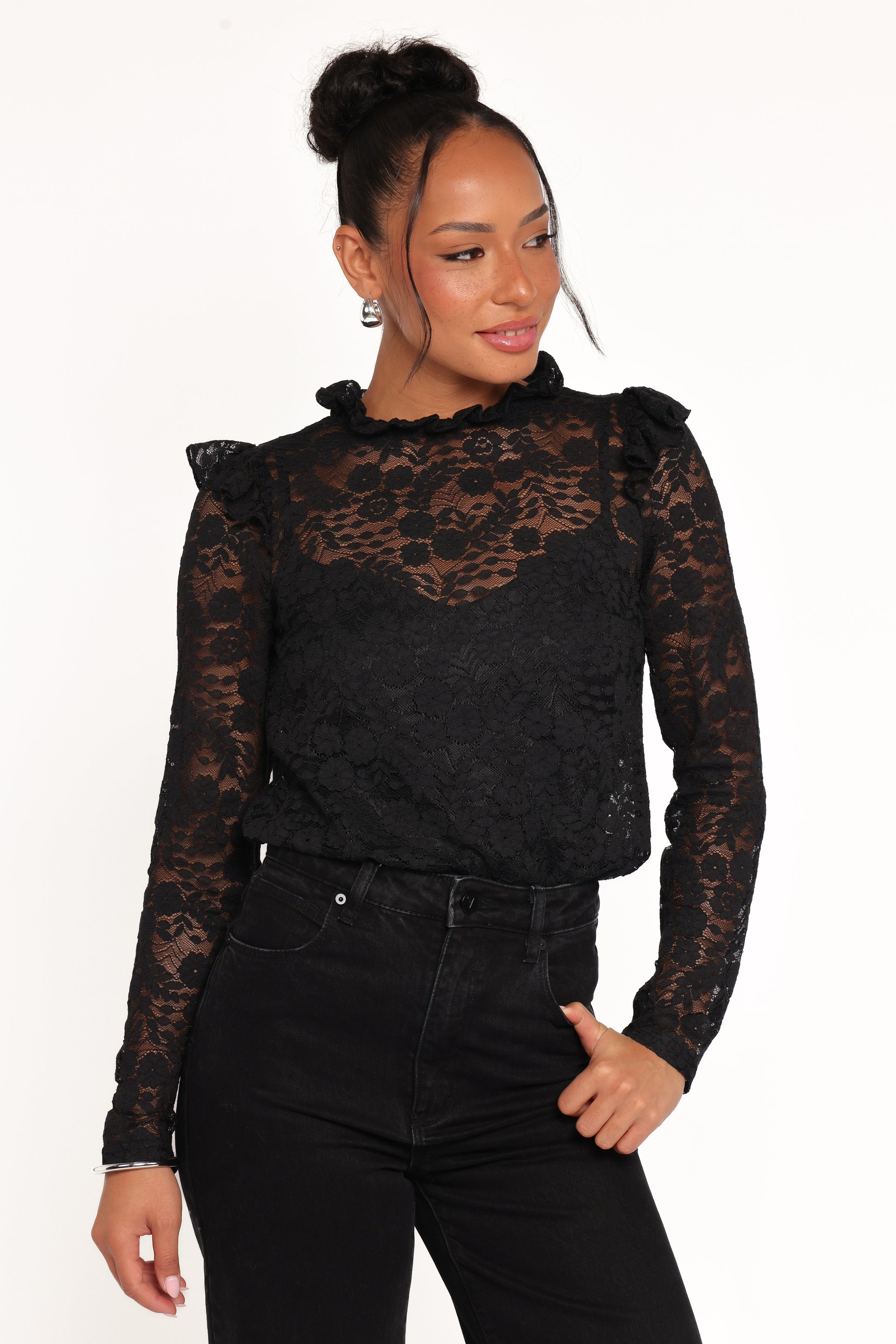 TOPS Lettie Lace Ruffle Top - Black