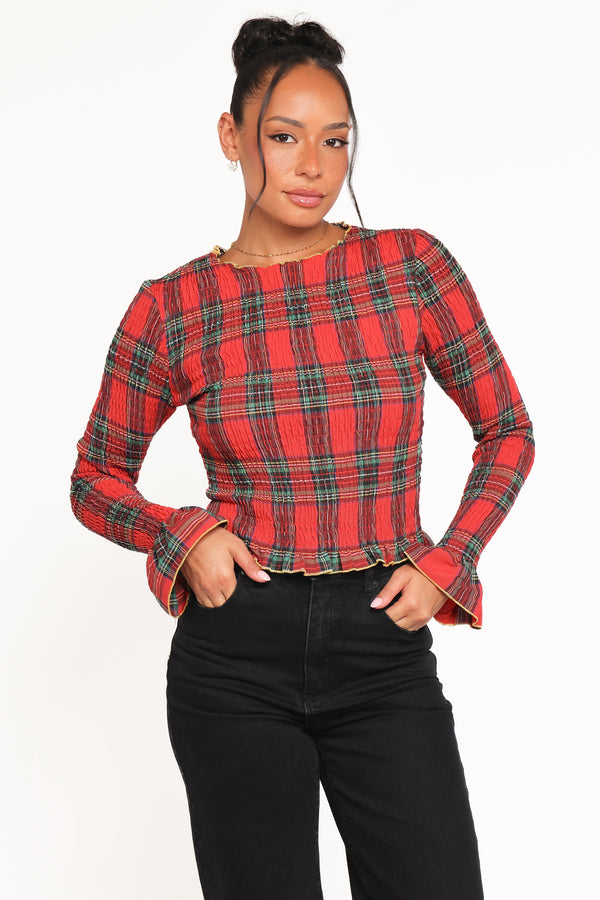TOPS Lillee Ruched Top - Red Plaid