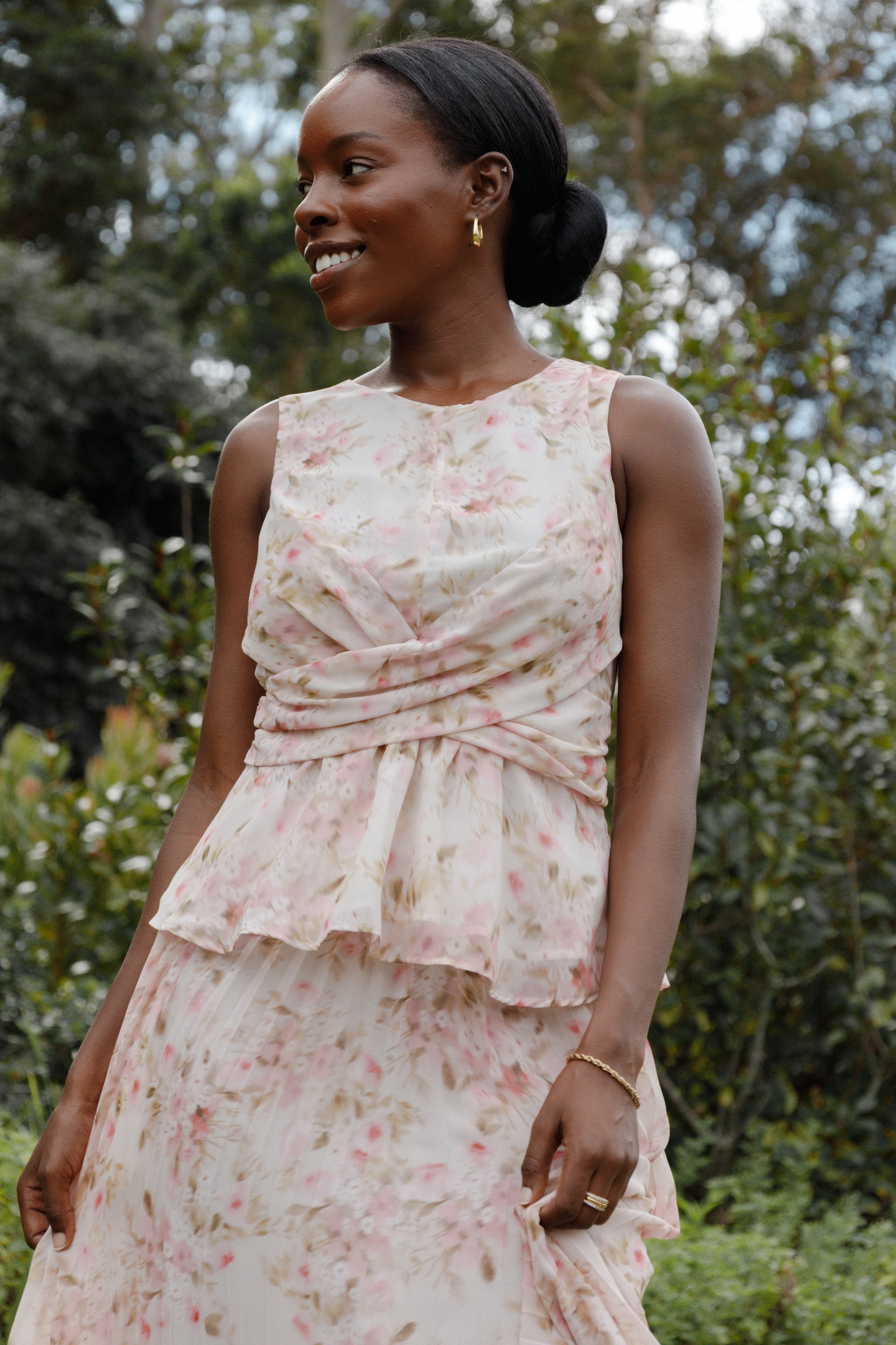 TOPS Limona Peplum Top - Blurred Pink Floral