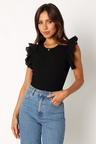 TOPS @Lola Frill Shoulder Body Suit - Black