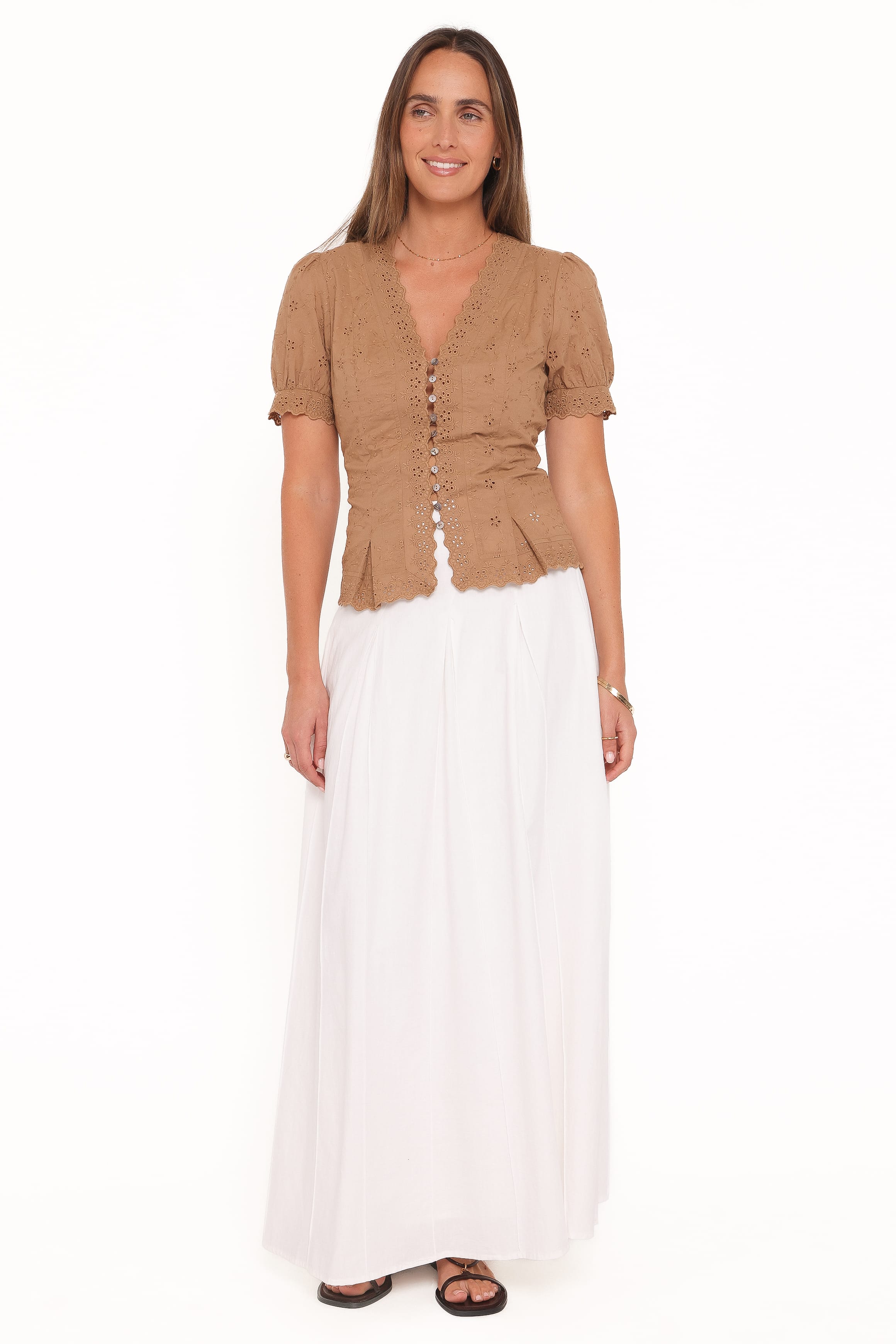 TOPS Lorraine Eyelet Top - Brown