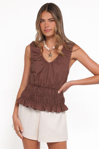 TOPS Lucilla Shirred Waist Top - Chocolate