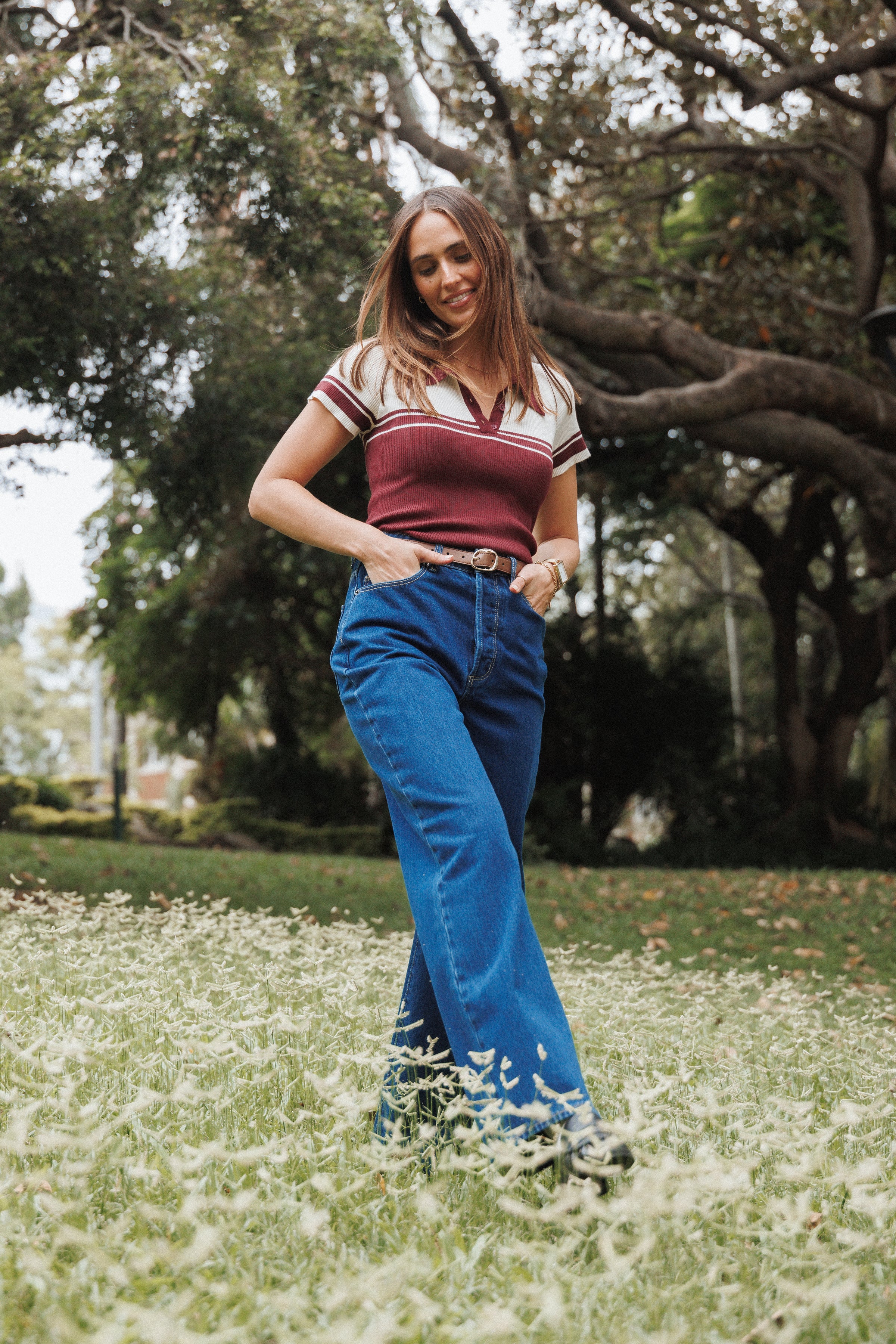 TOPS Maris Knit Polo Top - Burgundy/Cream Stripe