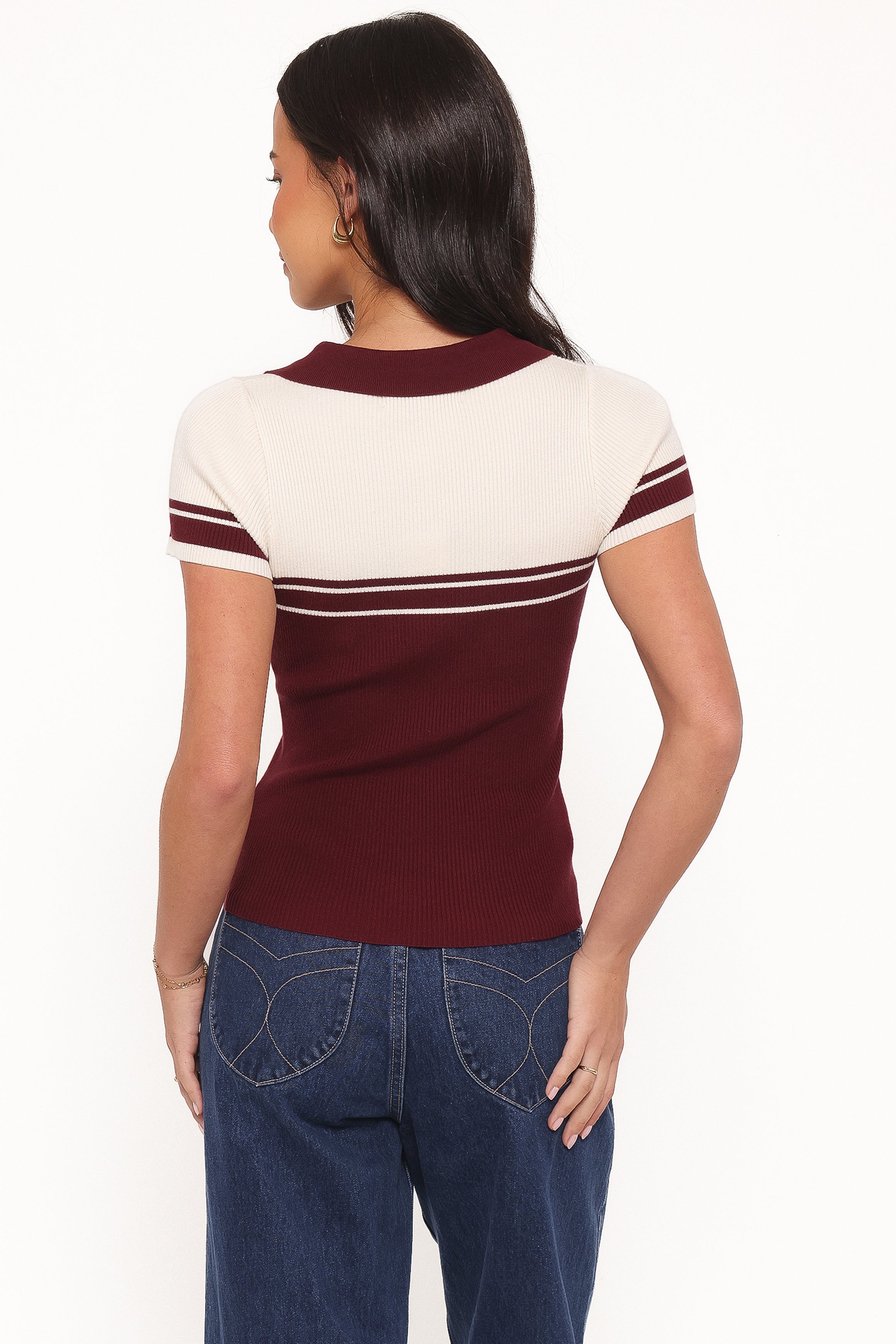 TOPS Maris Knit Polo Top - Burgundy/Cream Stripe