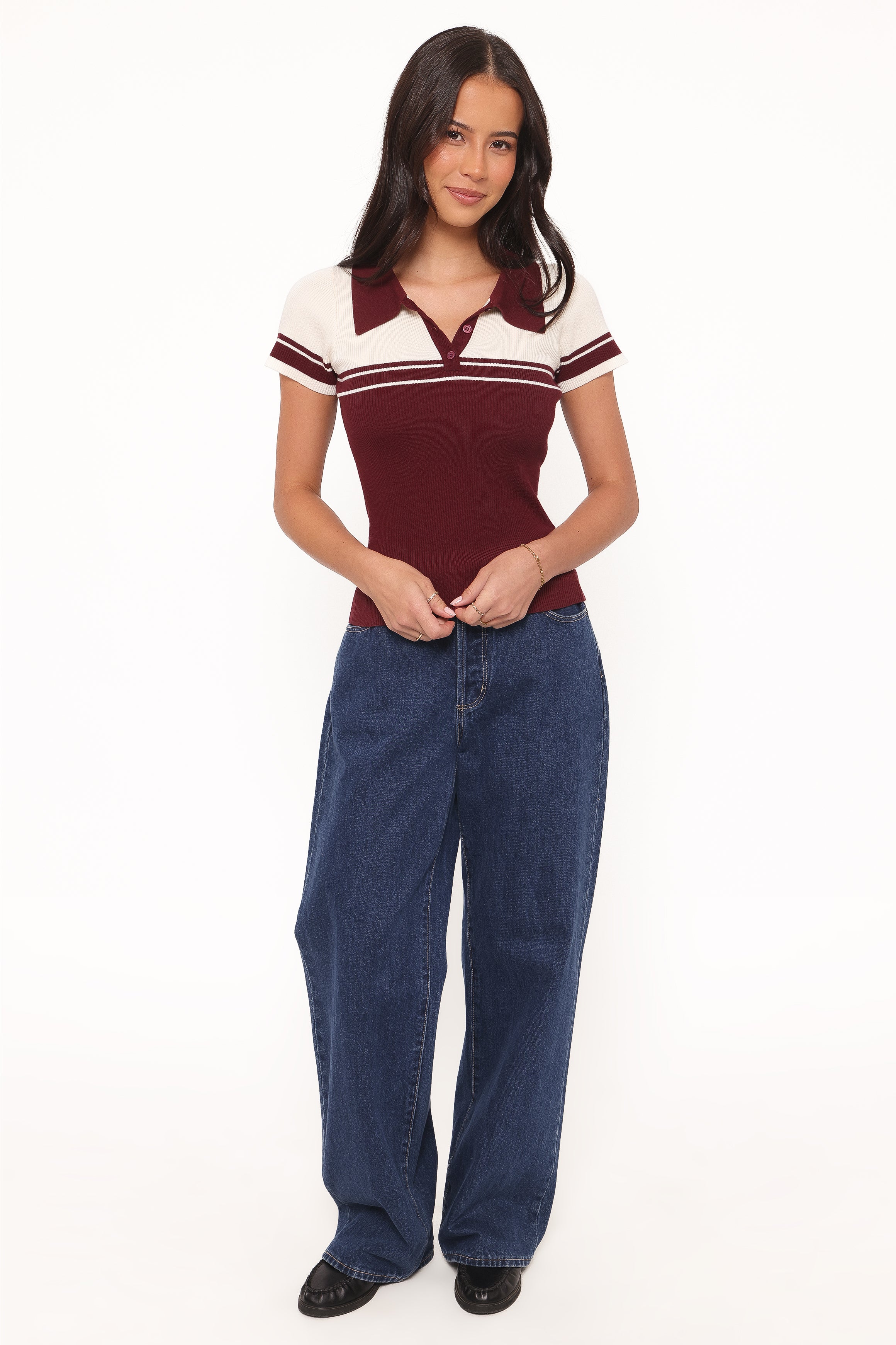 TOPS Maris Knit Polo Top - Burgundy/Cream Stripe