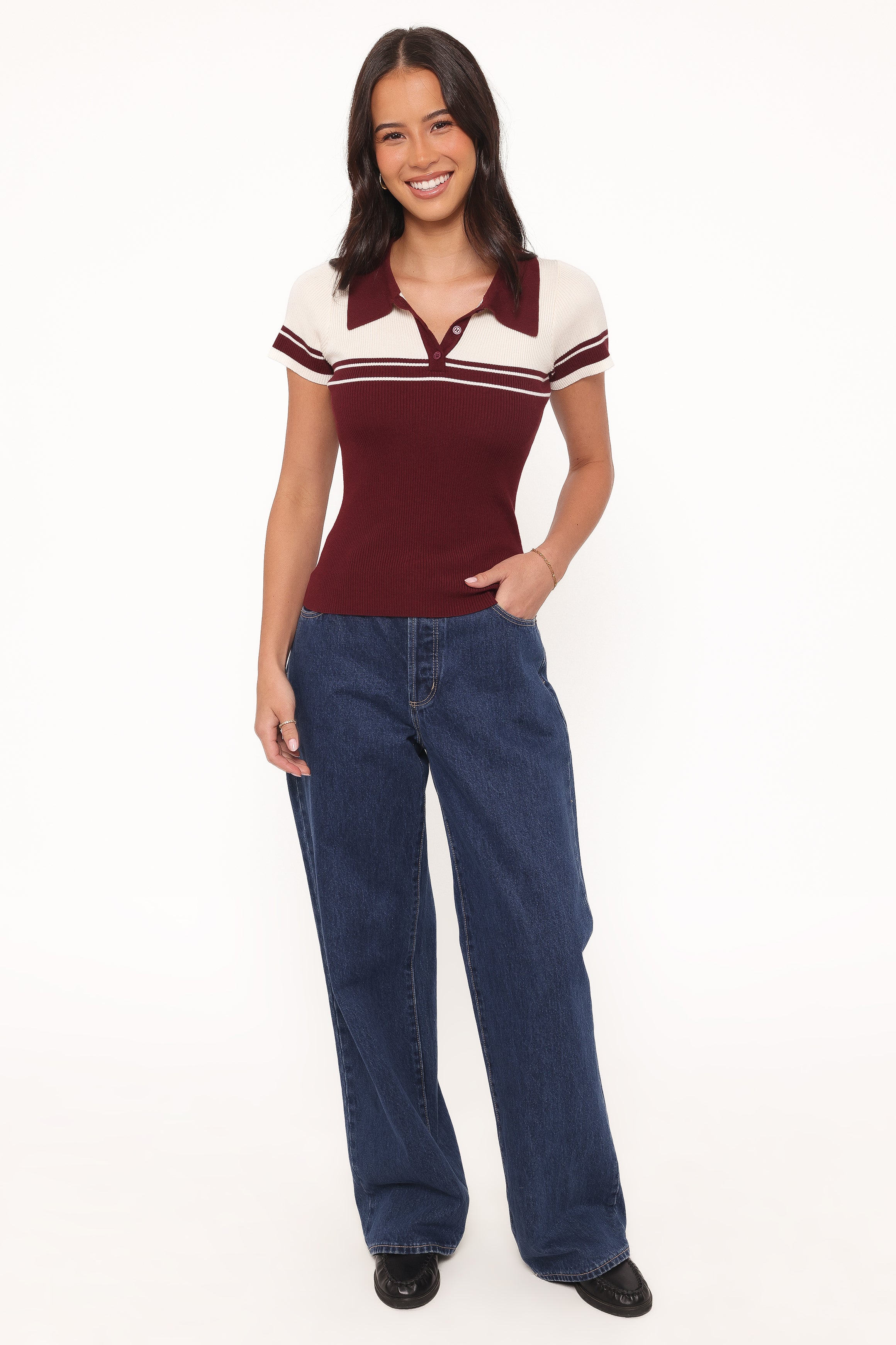 TOPS Maris Knit Polo Top - Burgundy/Cream Stripe