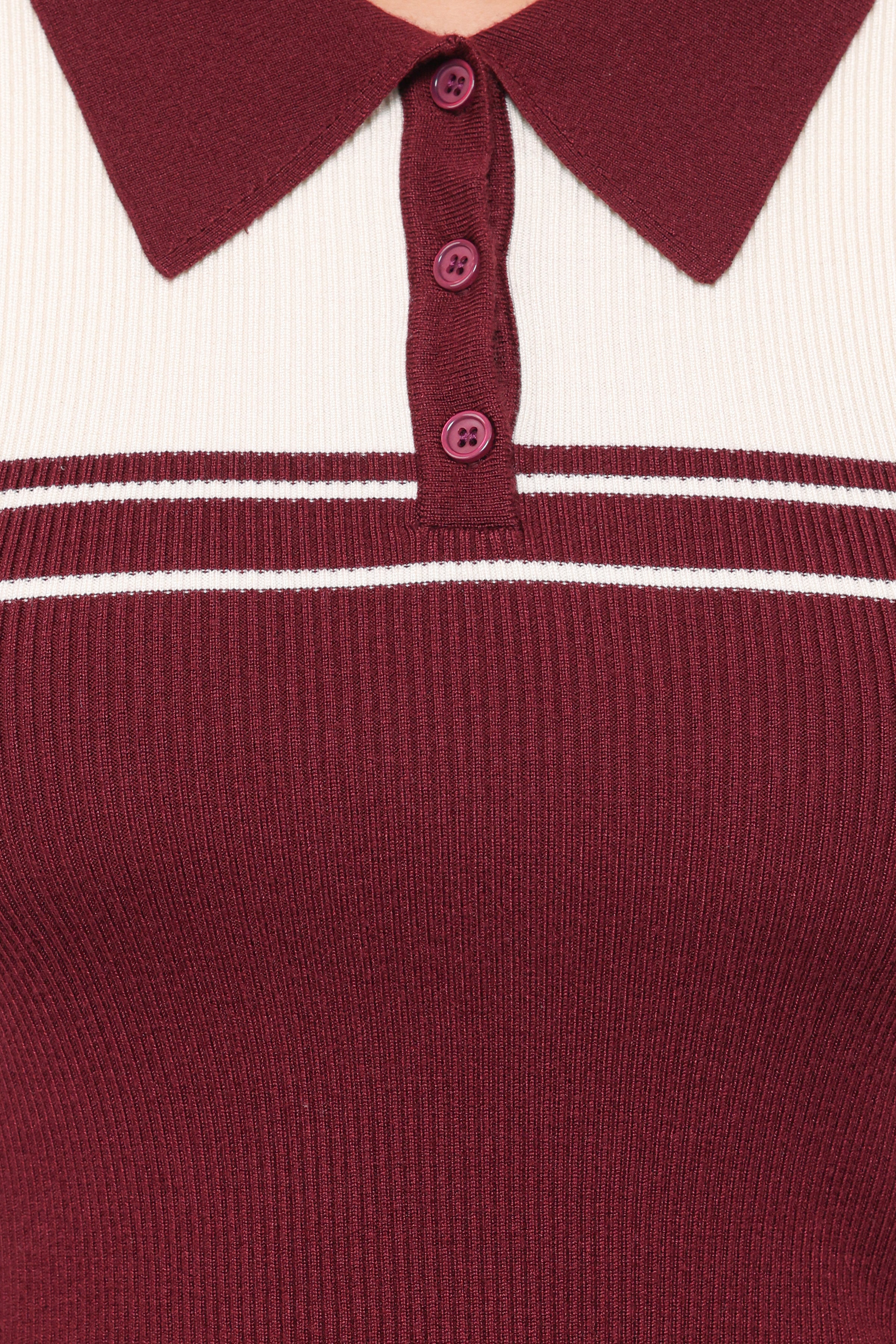 TOPS Maris Knit Polo Top - Burgundy/Cream Stripe