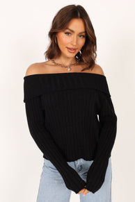 TOPS @Marlon Off Shoulder Knit Top - Black