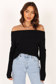 TOPS @Marlon Off Shoulder Knit Top - Black