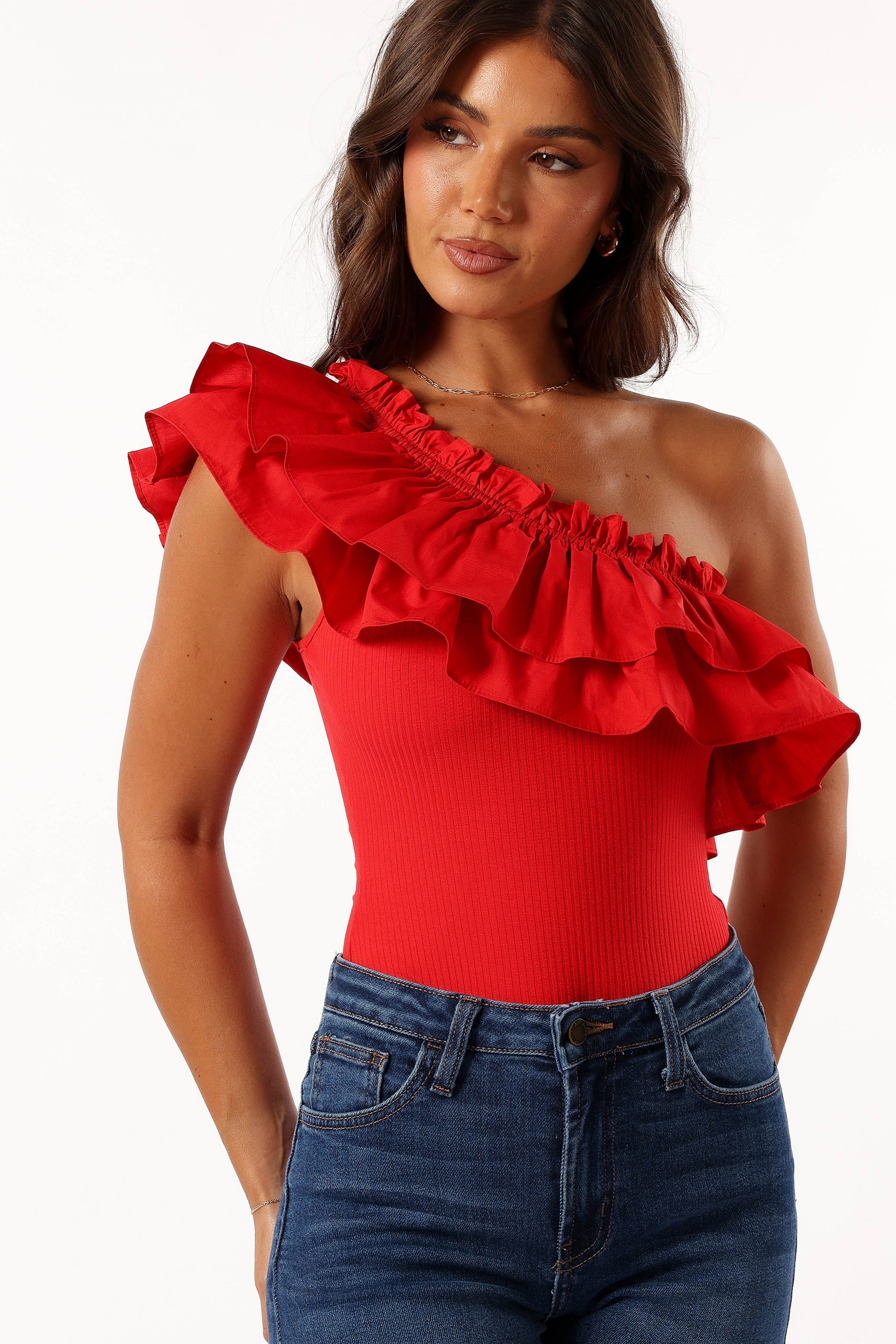 TOPS @Meena One Shoulder Bodysuit - Red