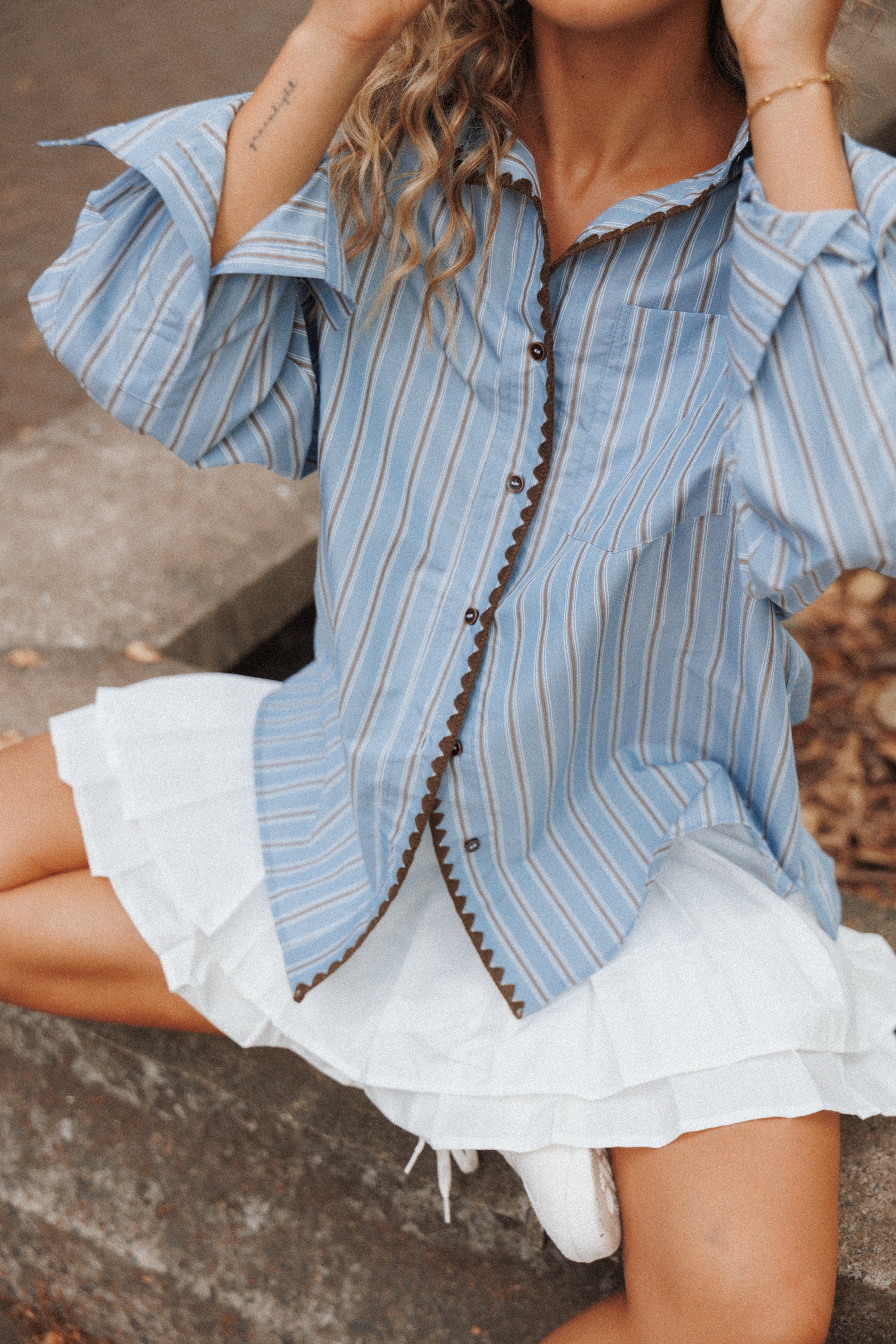 TOPS Mila Button Up Shirt - Blue/Brown Stripe
