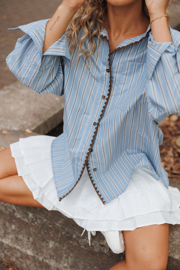 TOPS Mila Button Up Shirt - Blue/Brown Stripe