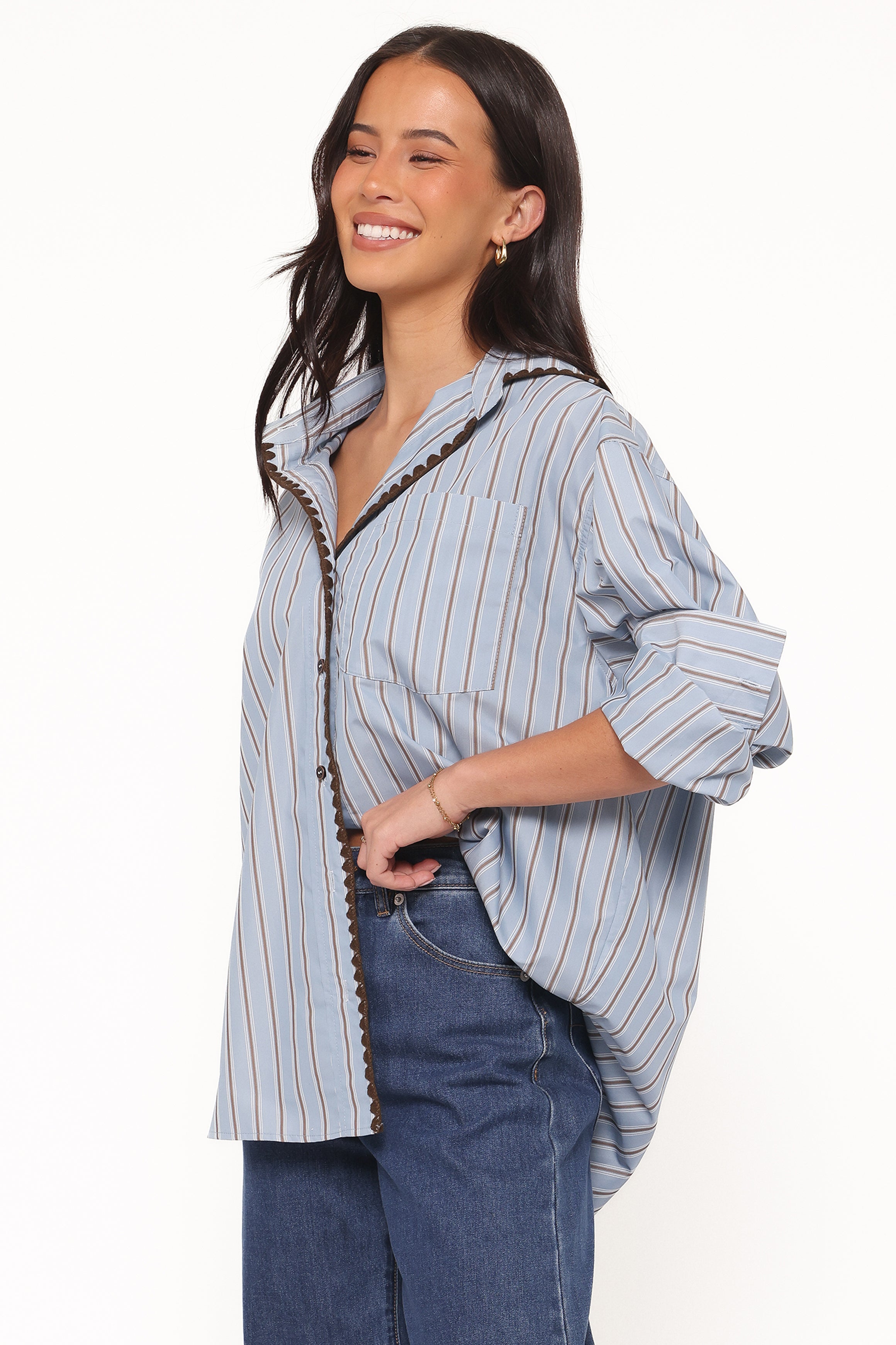 TOPS Mila Button Up Shirt - Blue/Brown Stripe