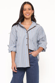 TOPS Mila Button Up Shirt - Blue/Brown Stripe