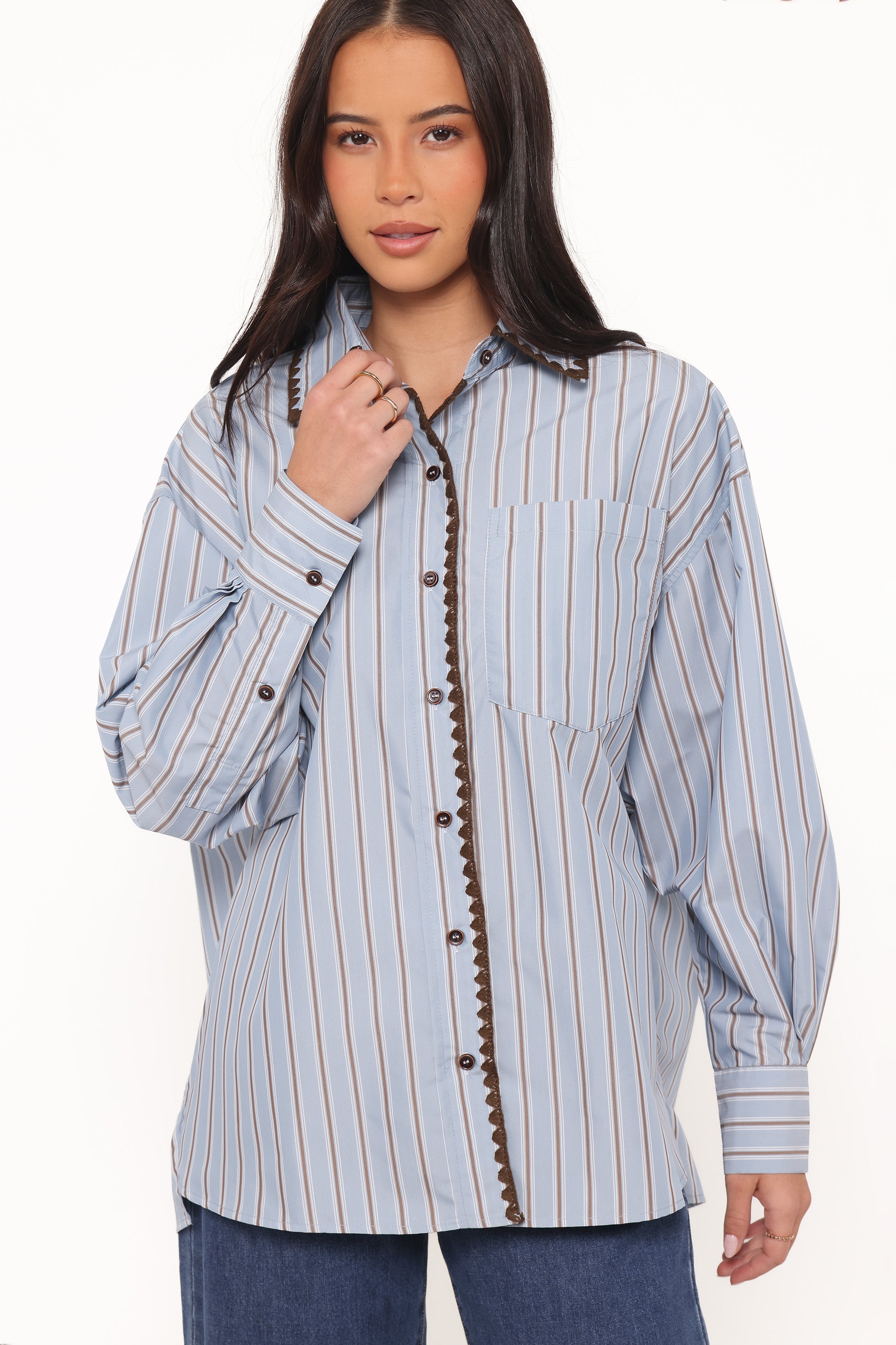 TOPS Mila Button Up Shirt - Blue/Brown Stripe
