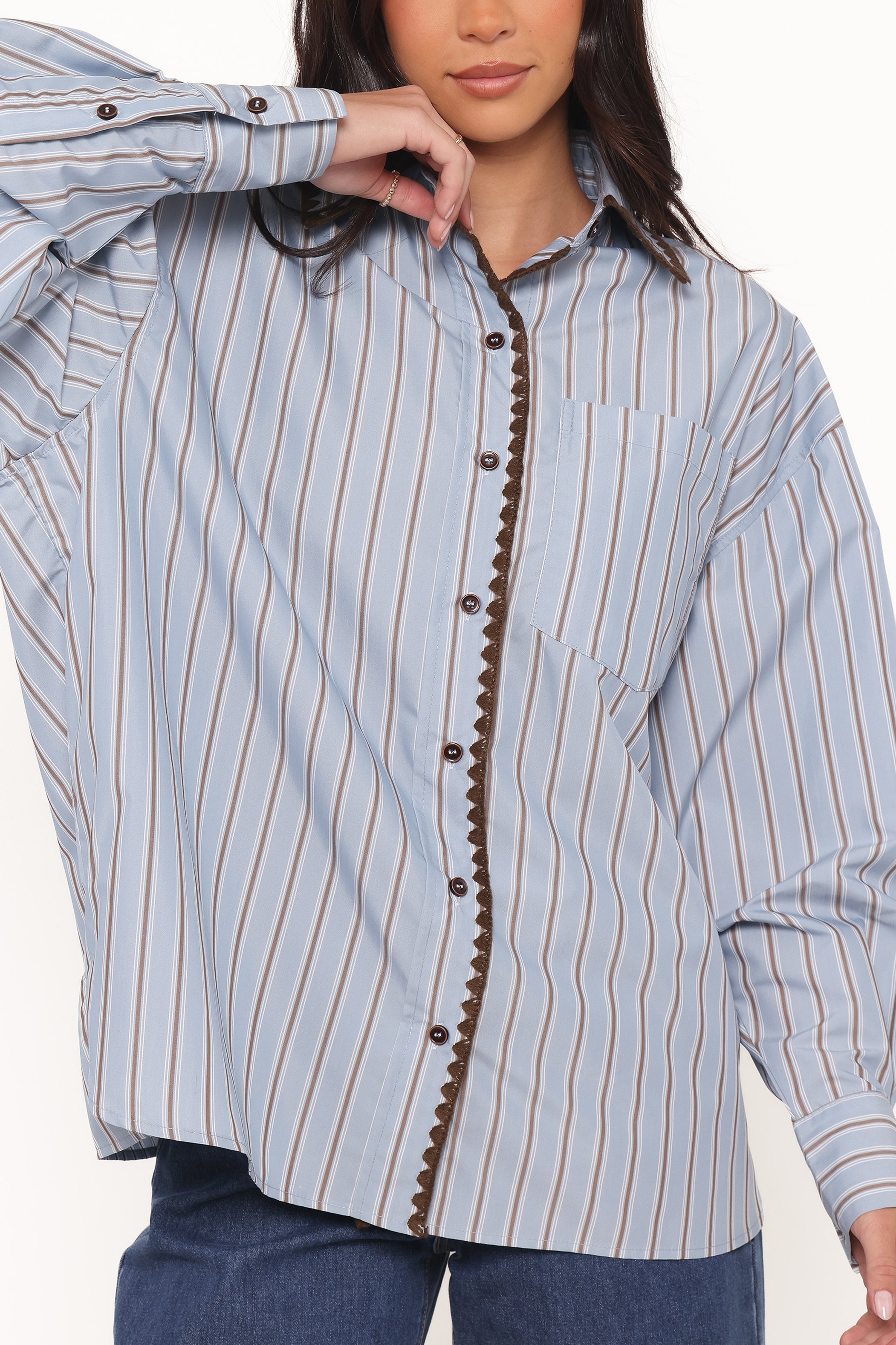 TOPS Mila Button Up Shirt - Blue/Brown Stripe