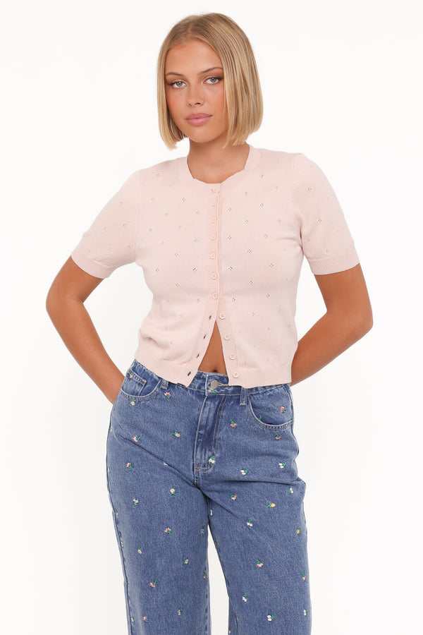 TOPS Monae Pointelle Button Up Top - Pink