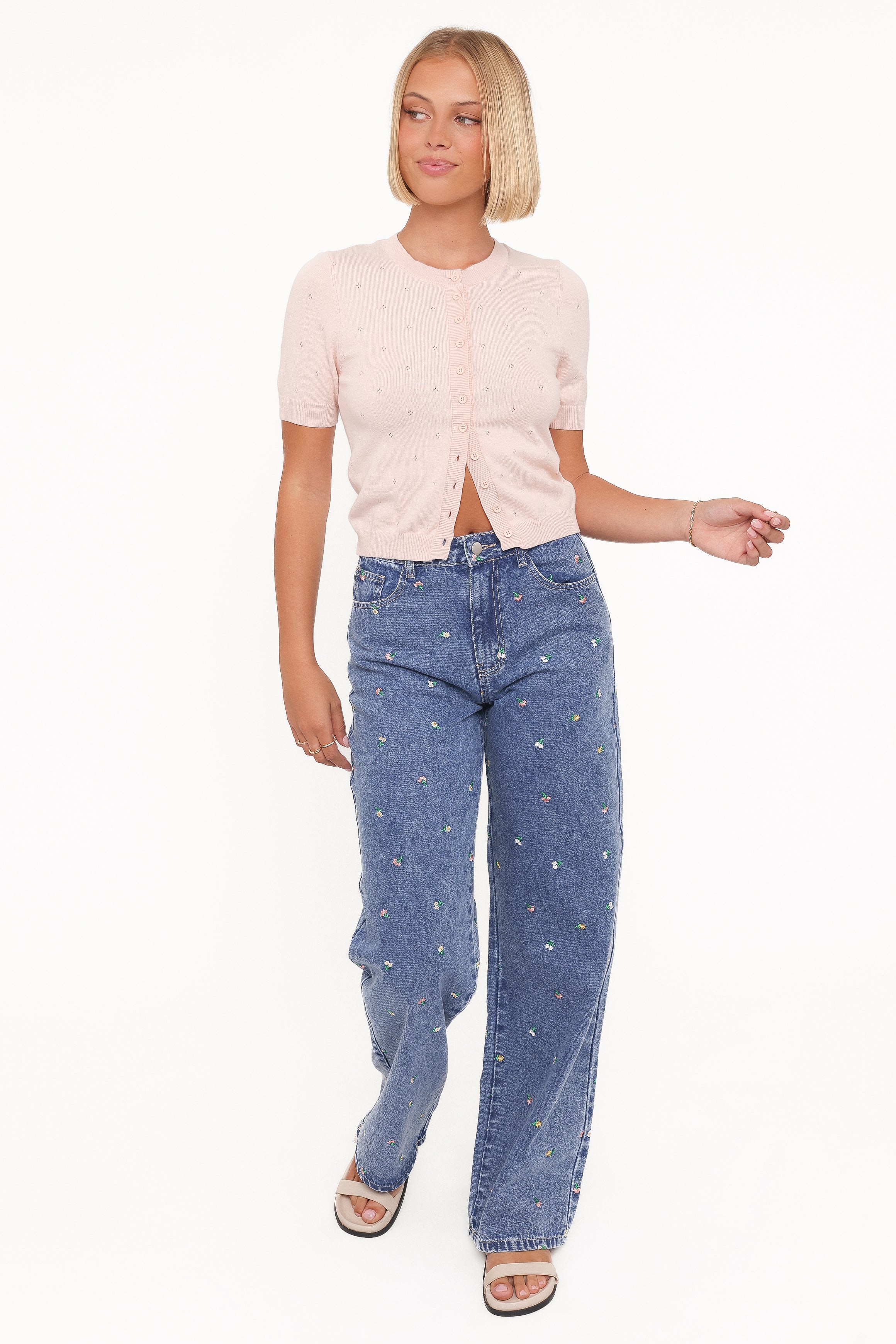 TOPS Monae Pointelle Button Up Top - Pink