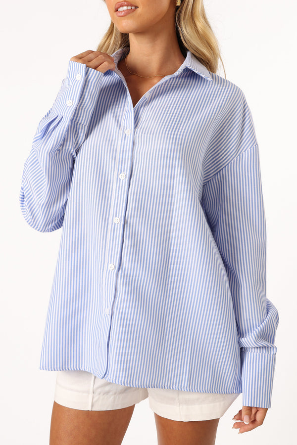 TOPS @Murphy Button Up Long Sleeve Top - Blue Stripe