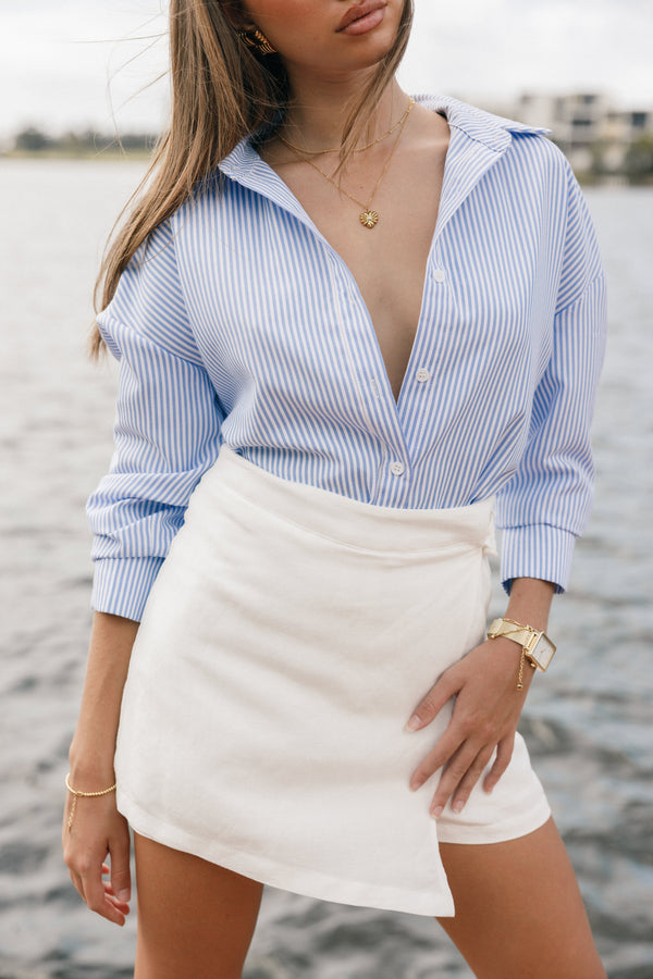 TOPS Murphy Button Up Long Sleeve Top - Blue Stripe