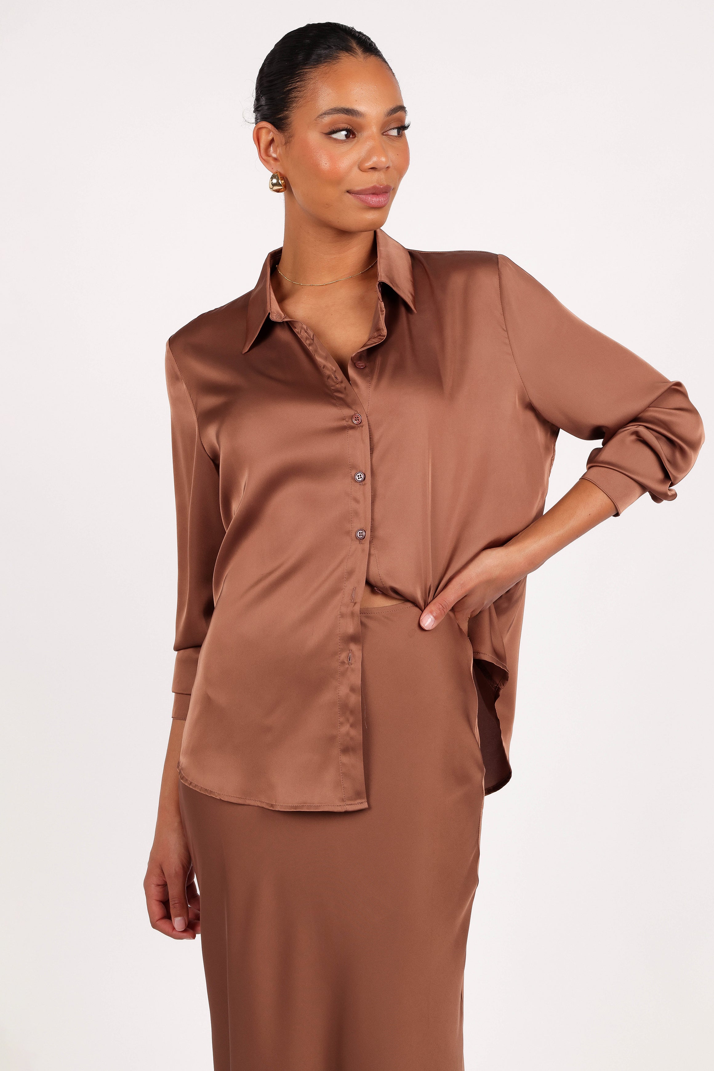 TOPS Narissa Satin Shirt - Banksia Brown