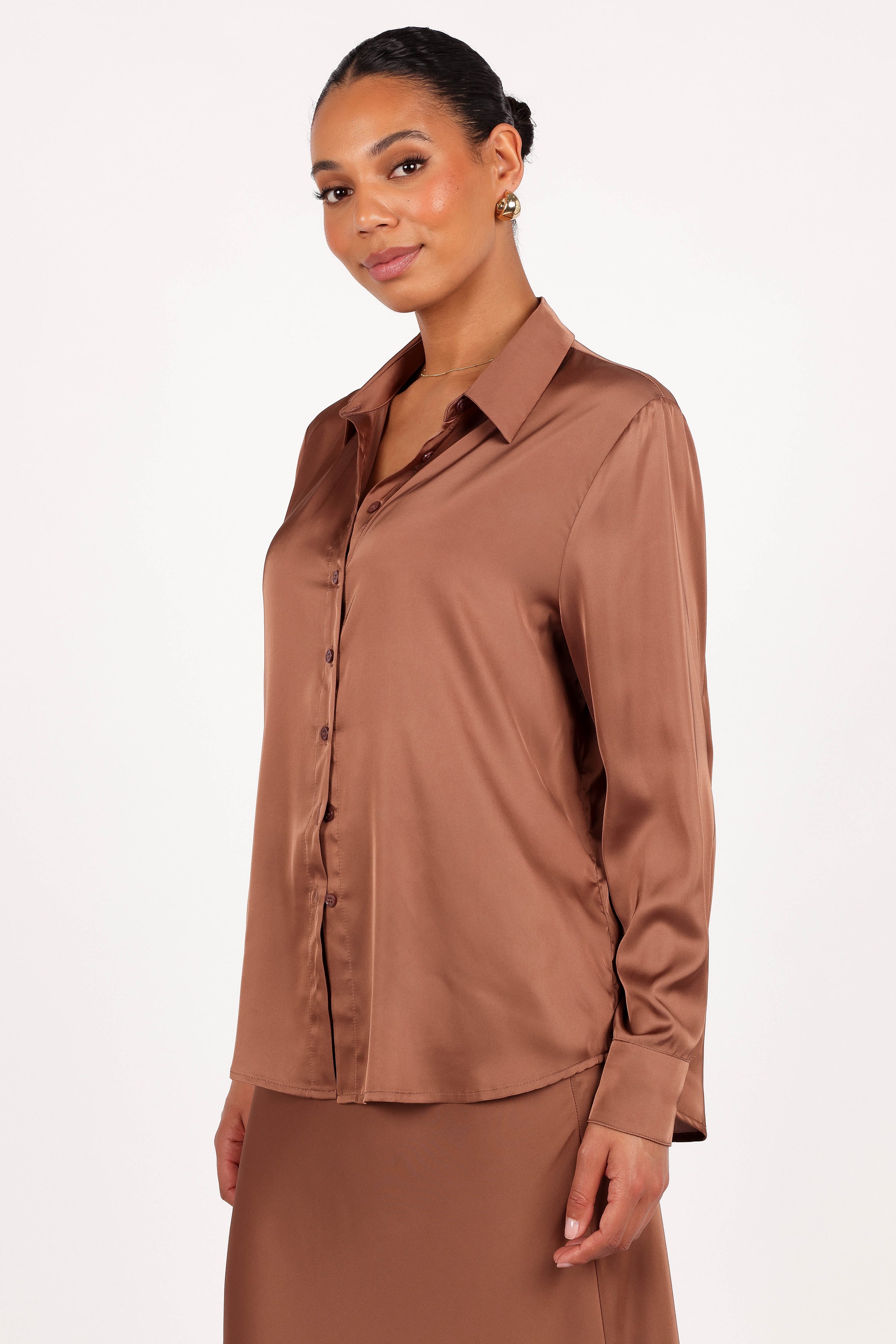 TOPS Narissa Satin Shirt - Banksia Brown