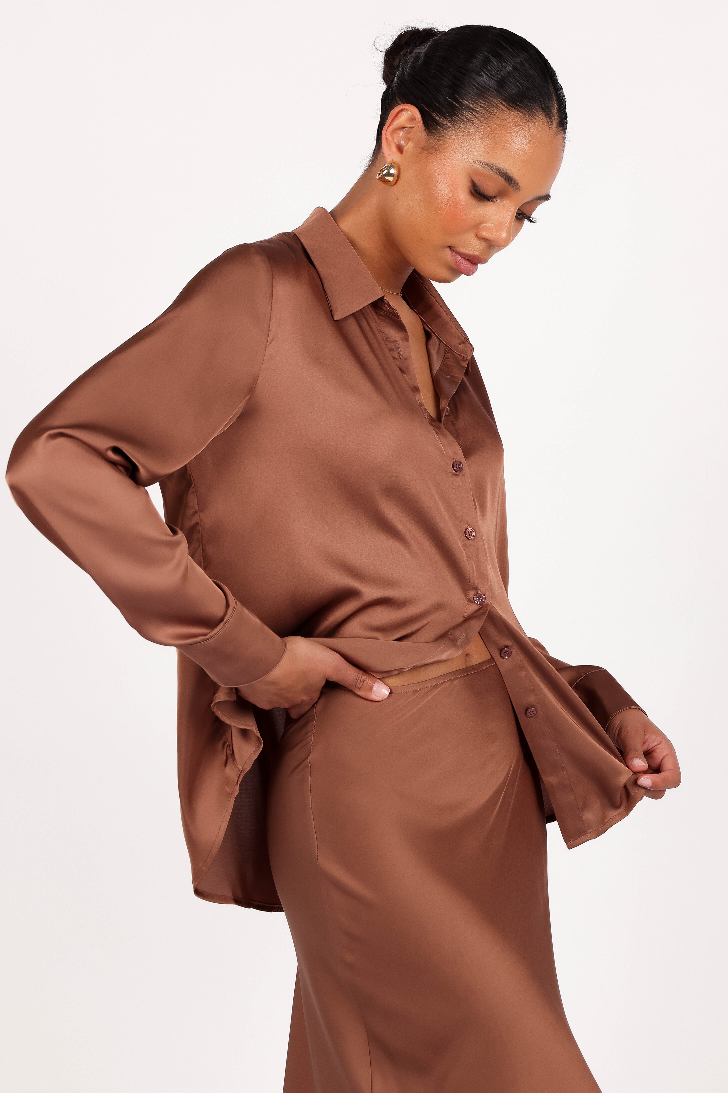 TOPS Narissa Satin Shirt - Banksia Brown
