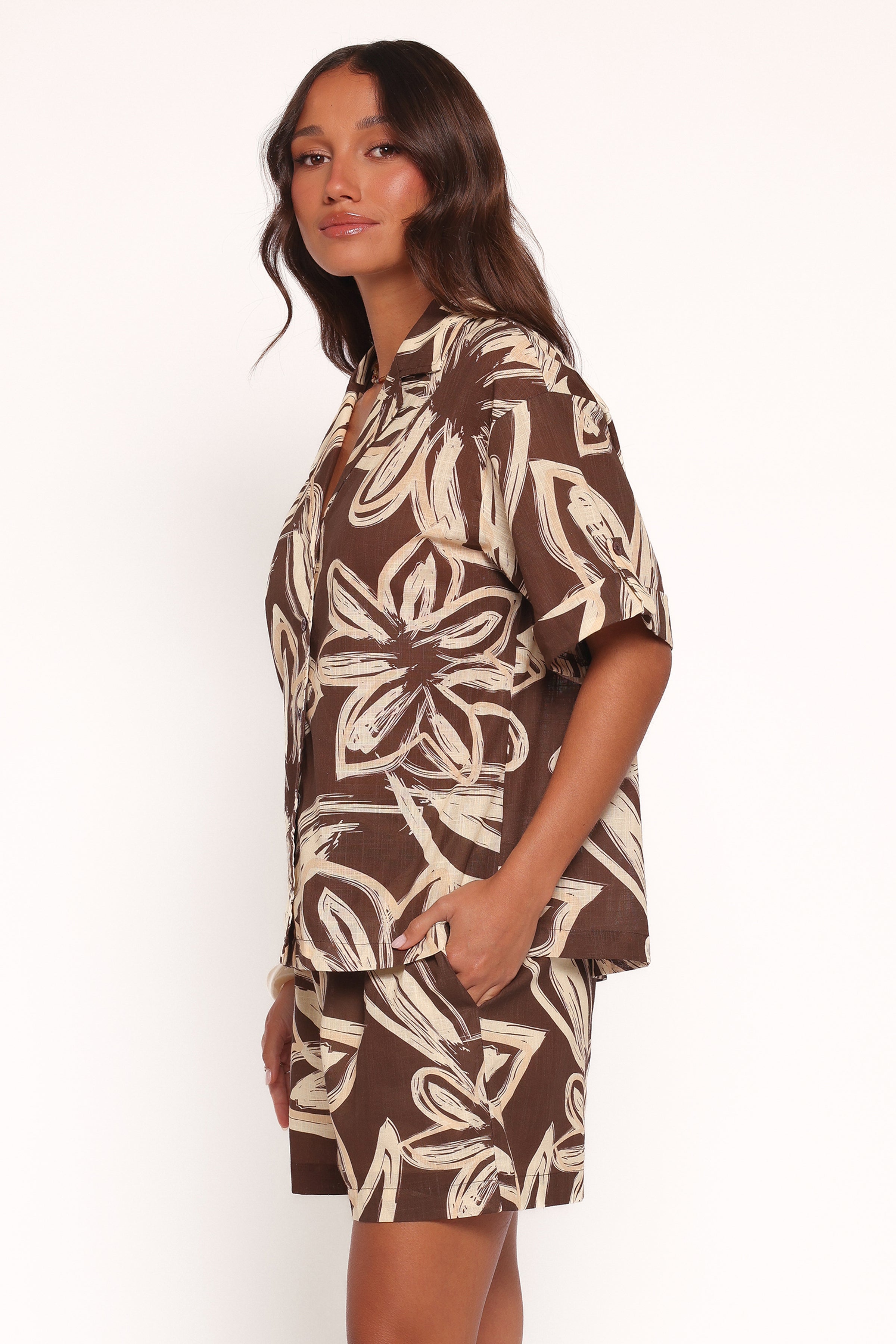 TOPS Pacifica Button Up Shirt - Chocolate Floral