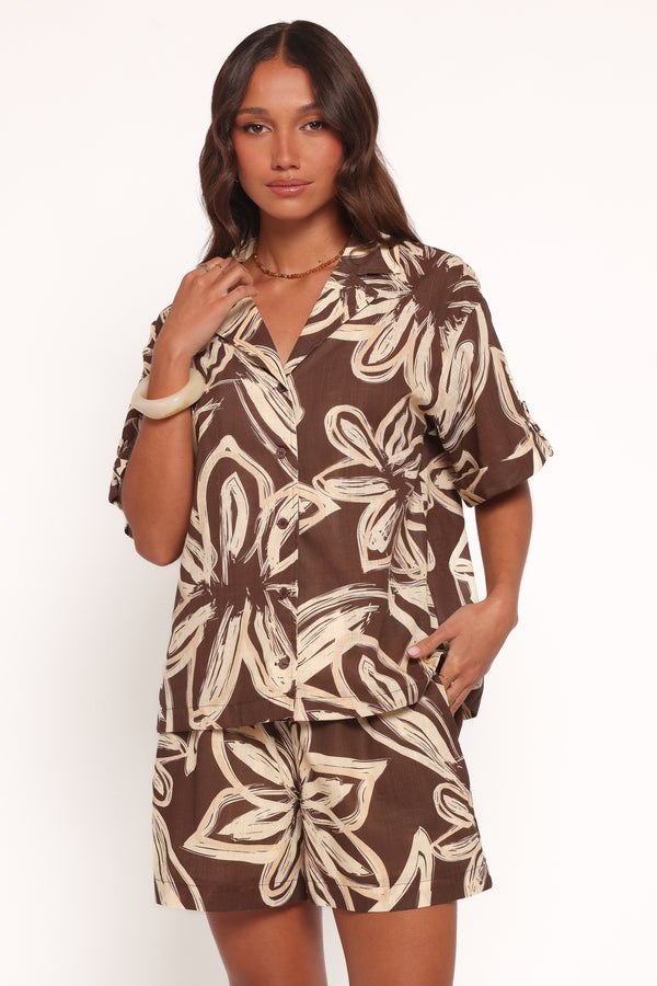 TOPS Pacifica Button Up Shirt - Chocolate Floral