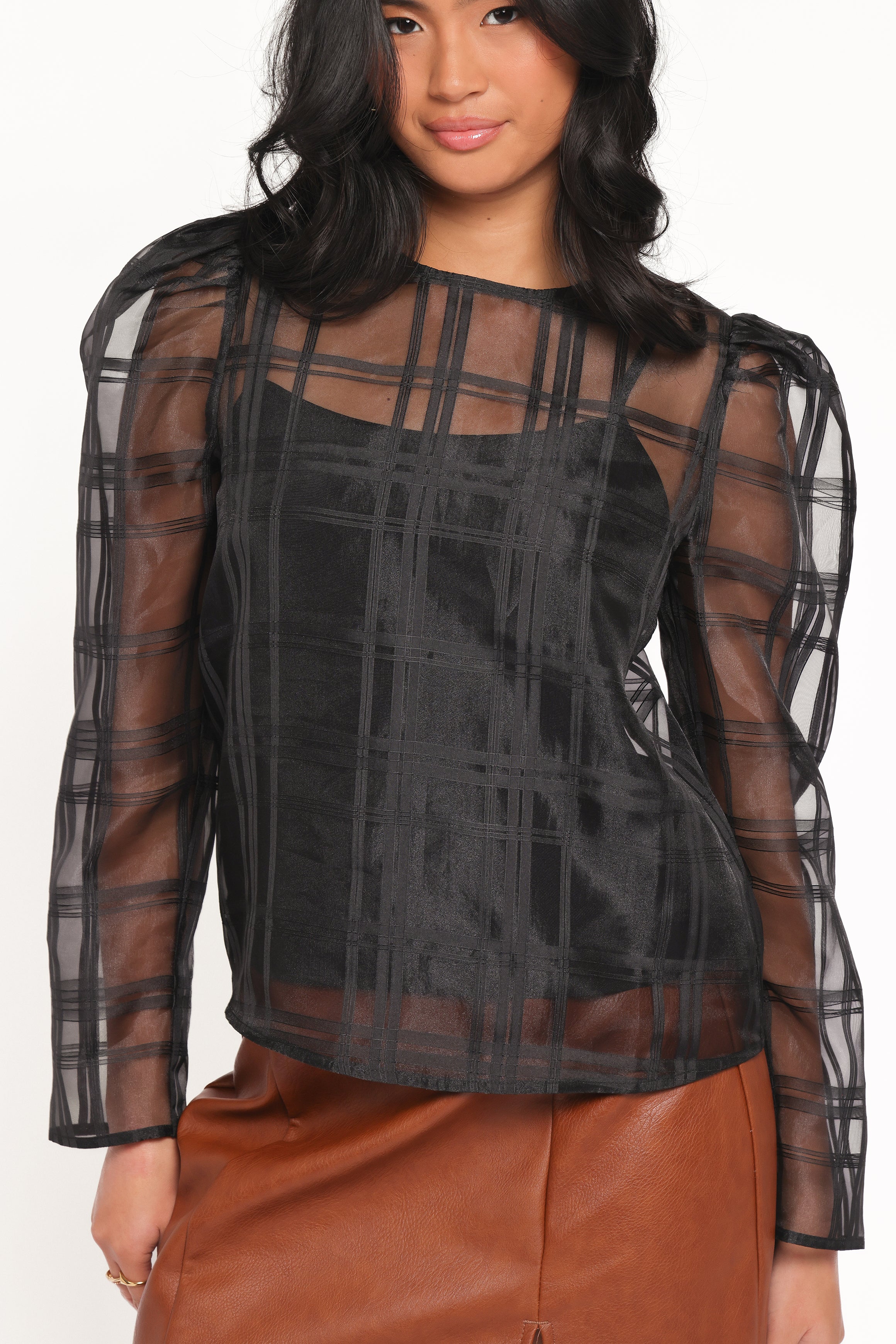 TOPS Peony Long Sleeve Sheer Top with Cami - Black
