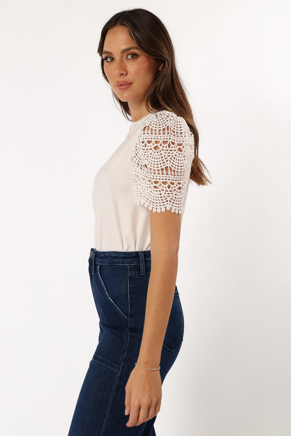 TOPS @Perla Crochet Sleeve Top - White