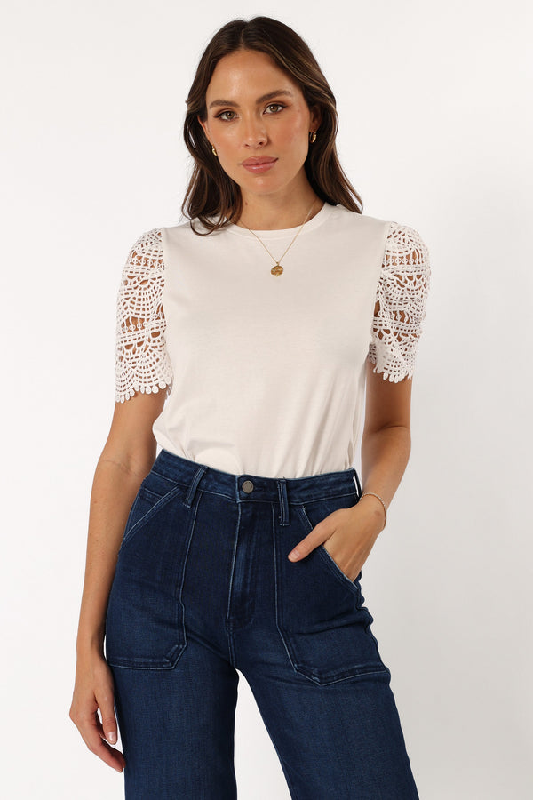 TOPS @Perla Crochet Sleeve Top - White