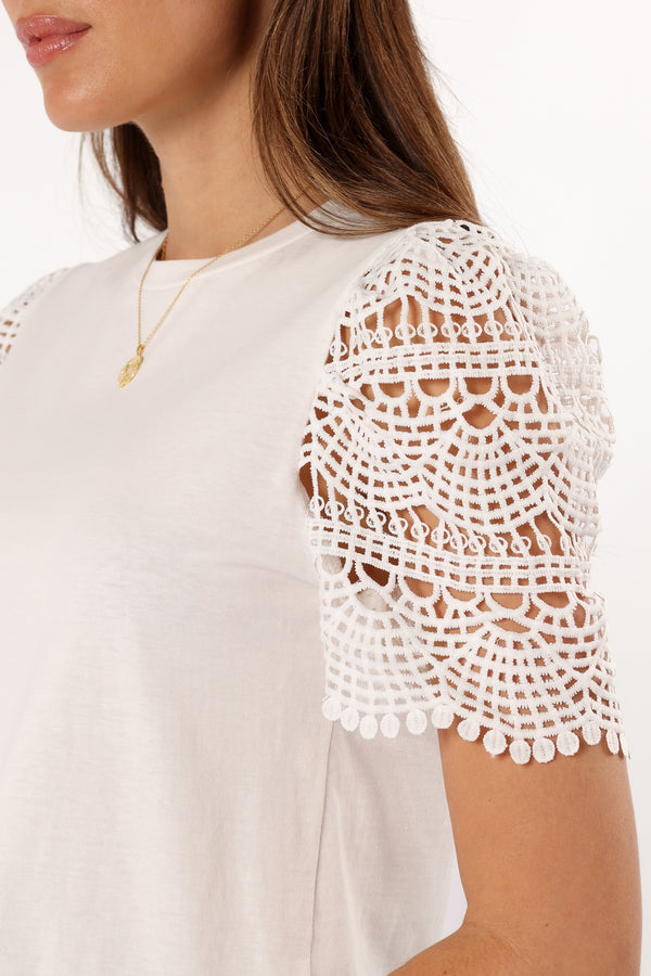 TOPS @Perla Crochet Sleeve Top - White