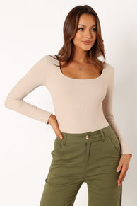 TOPS @Pia Long Sleeve Body Suit - Stone