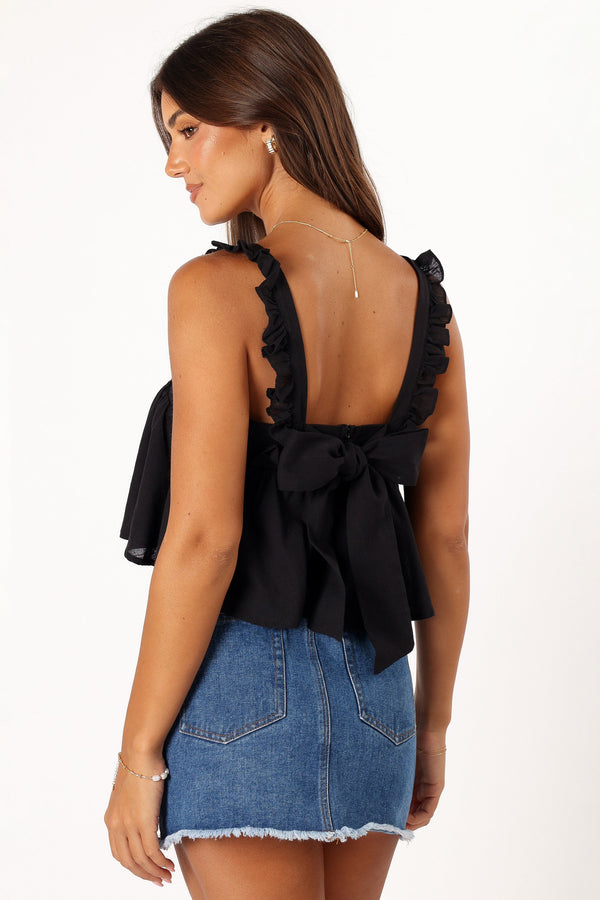 TOPS @Raye Ruffle Strap Top - Black (Hold for Sundial)