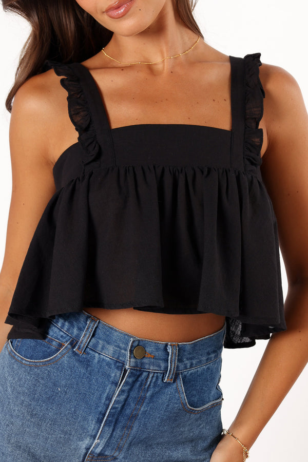 TOPS @Raye Ruffle Strap Top - Black (Hold for Sundial)