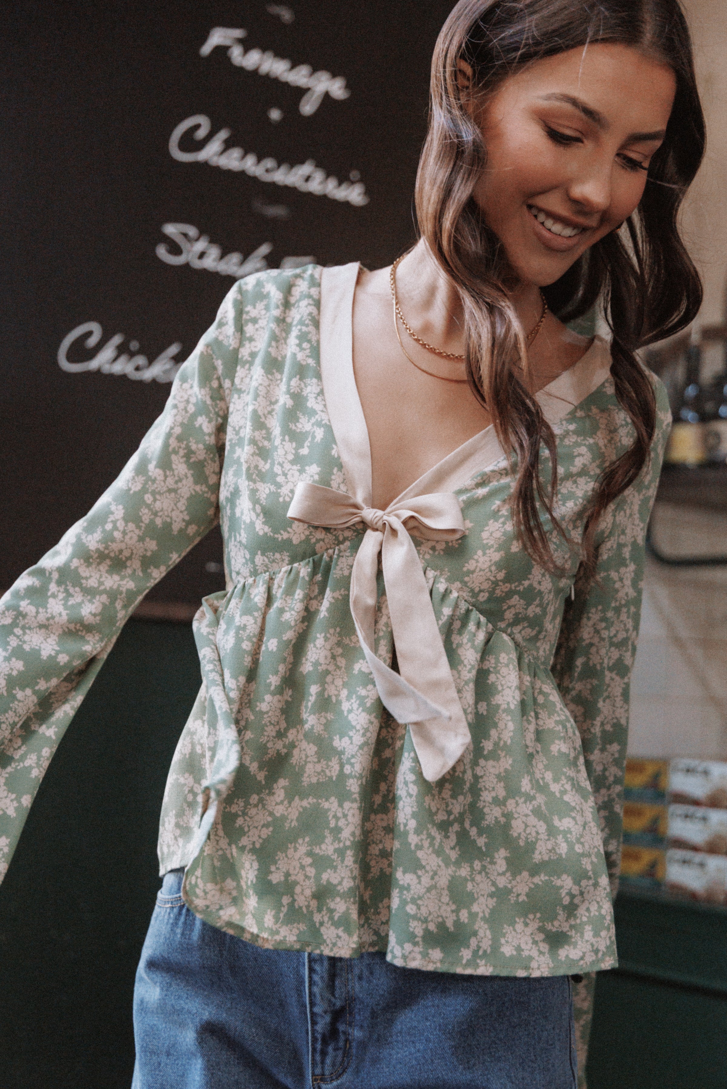 TOPS Reeva Long Sleeve Top - Green Floral