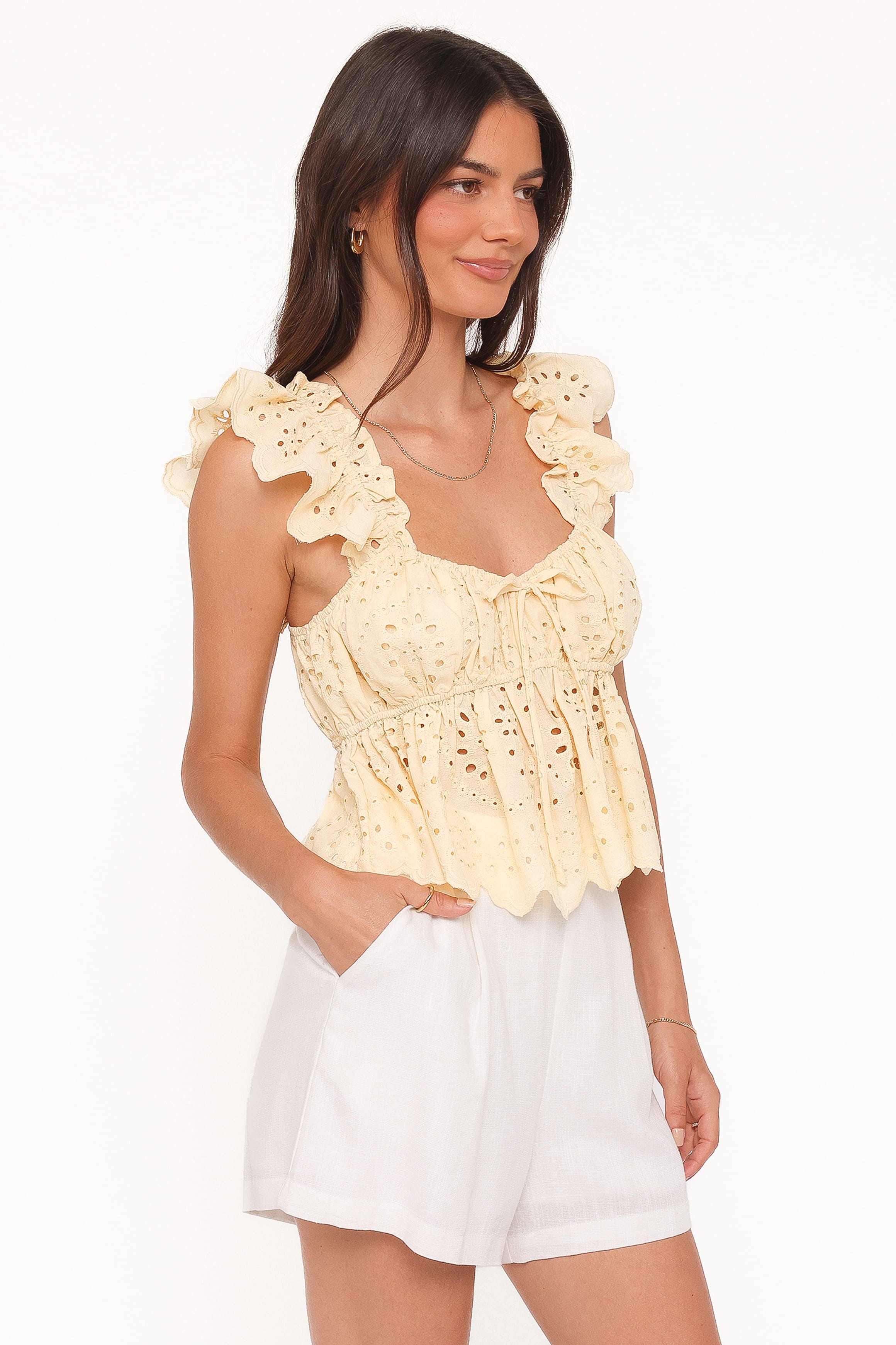 TOPS Regina Eyelet Ruffle Top - Butter Yellow