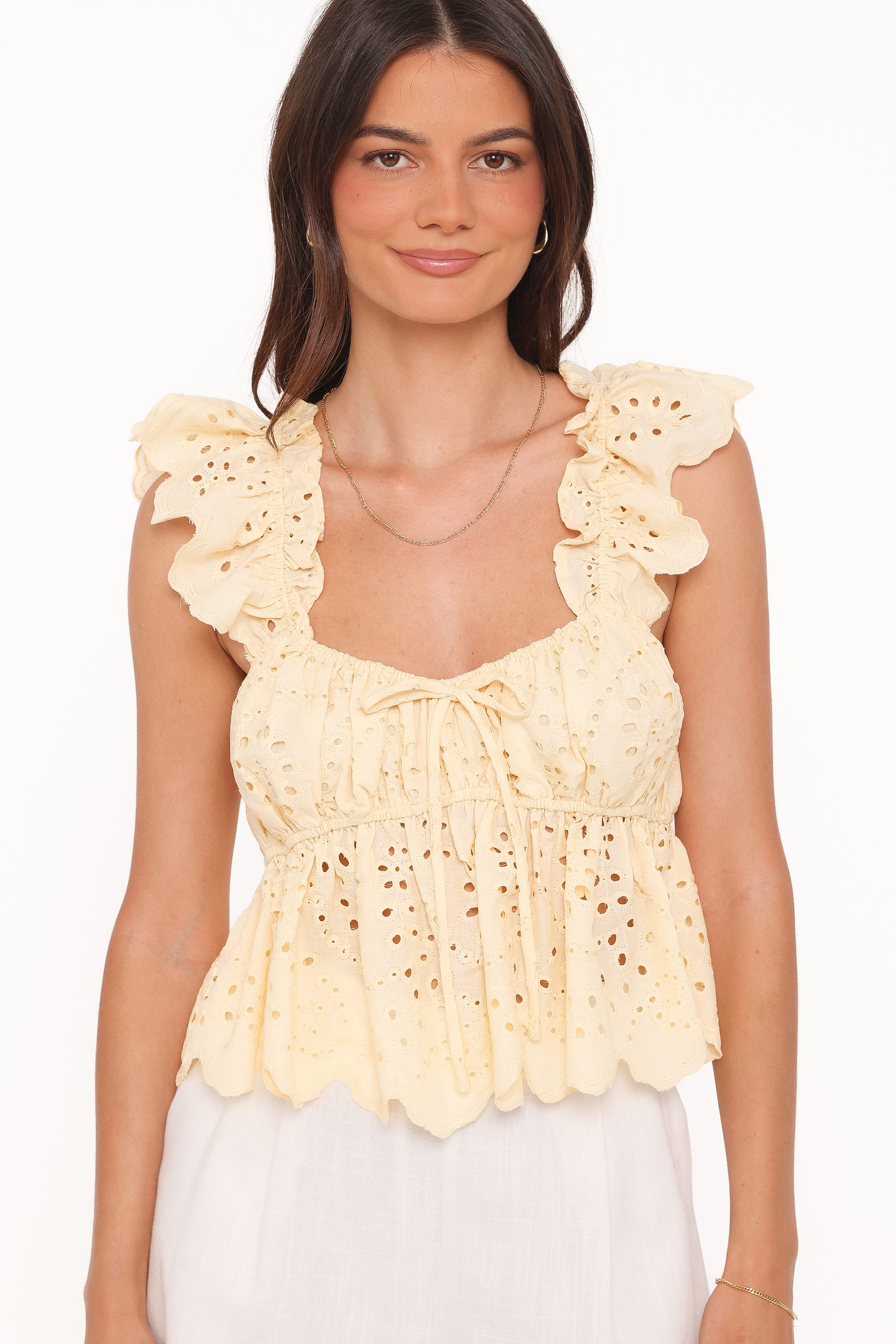 TOPS Regina Eyelet Ruffle Top - Butter Yellow