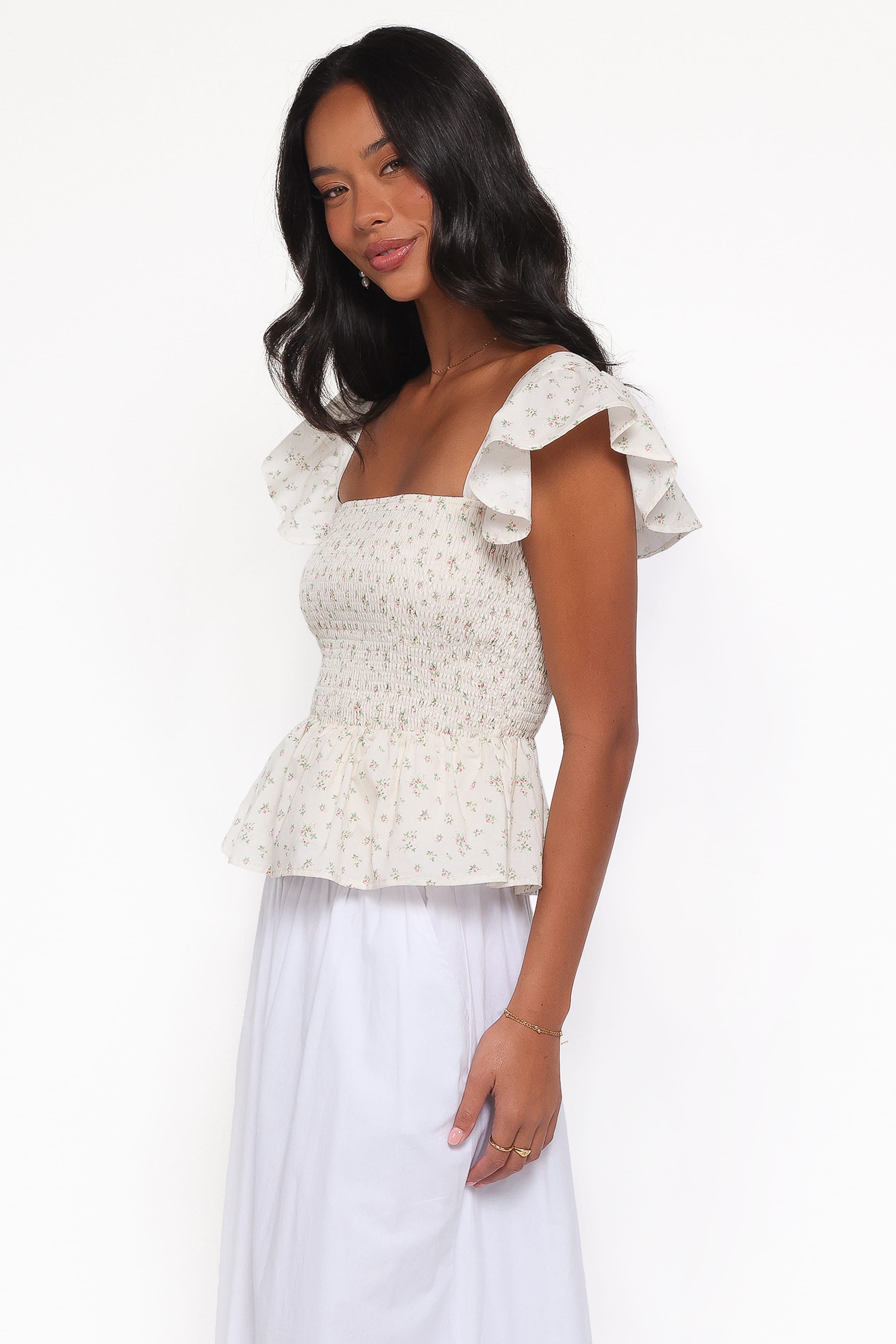 TOPS Remira Smocked Ruffle Top - White Betty