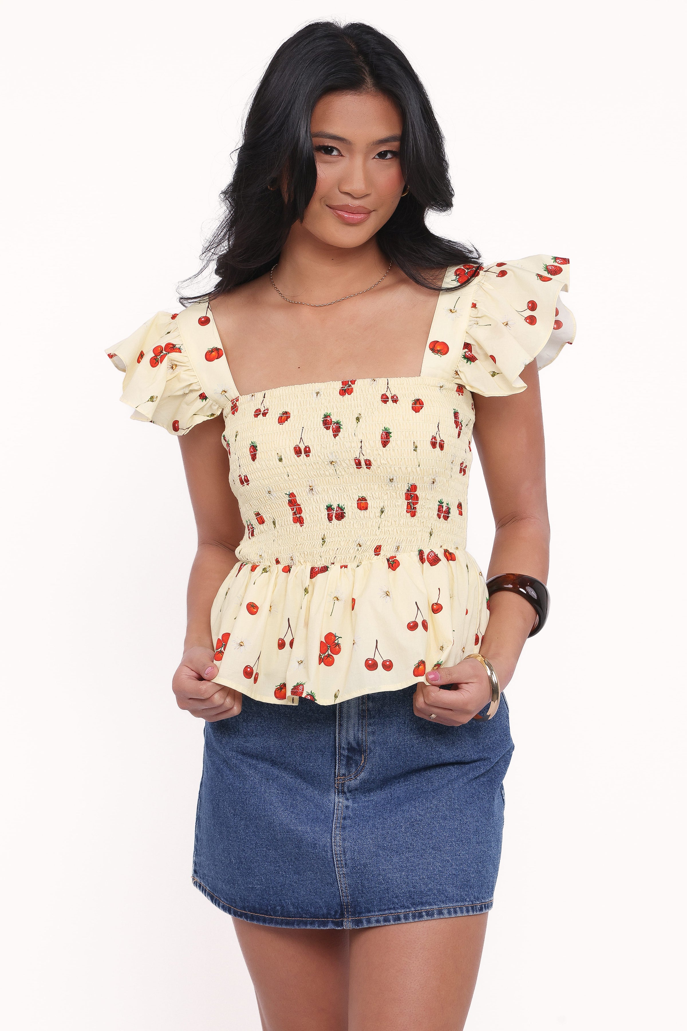 TOPS Remira Smocked Ruffle Top - Yellow Cherry